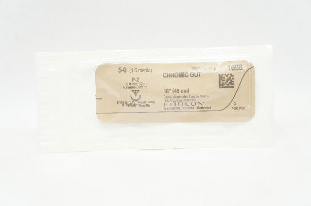 Ethicon 1658 5-0 CHROMIC GUT Surgical Stre  P-2 8.0mm 1/2c Reverse Cutting 18inch