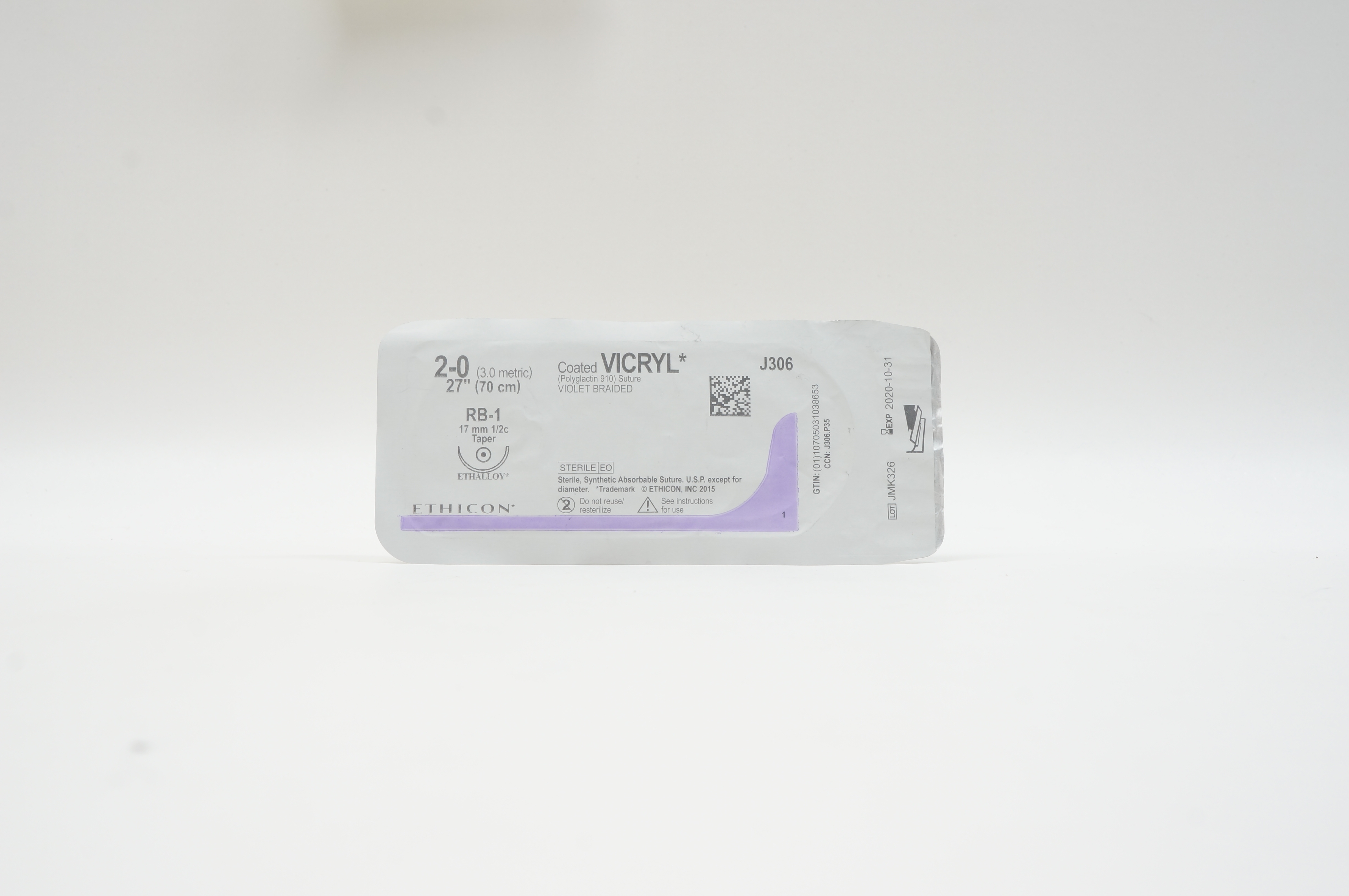 Ethicon J306 2-0 VICRYL, RB-1, 17mm 1/2c Taper, 27inch
