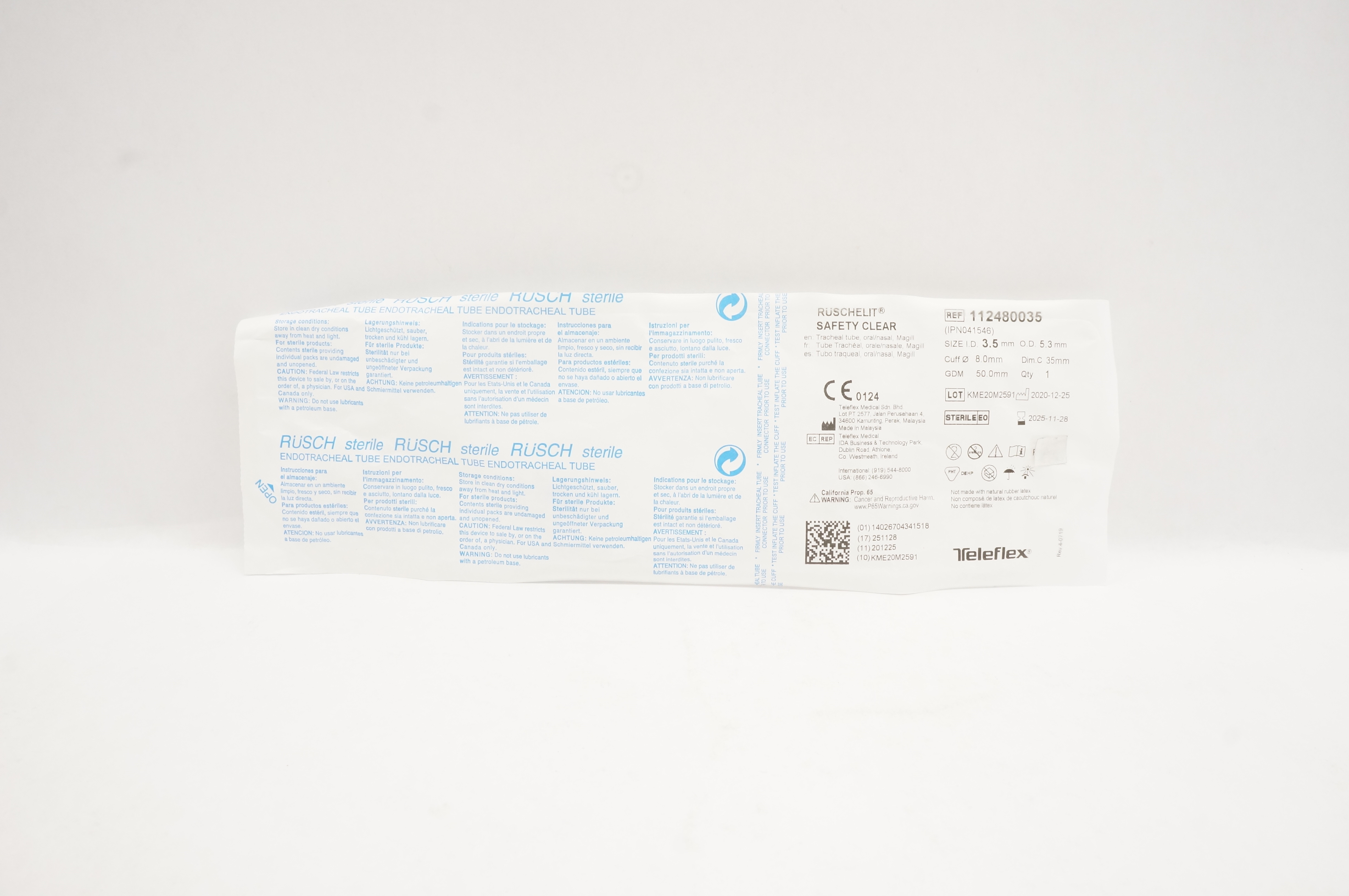 Teleflex 112480035 Ruschelit Safety Clear Tracheal Tube 3.5mm ID x 5.3mm OD