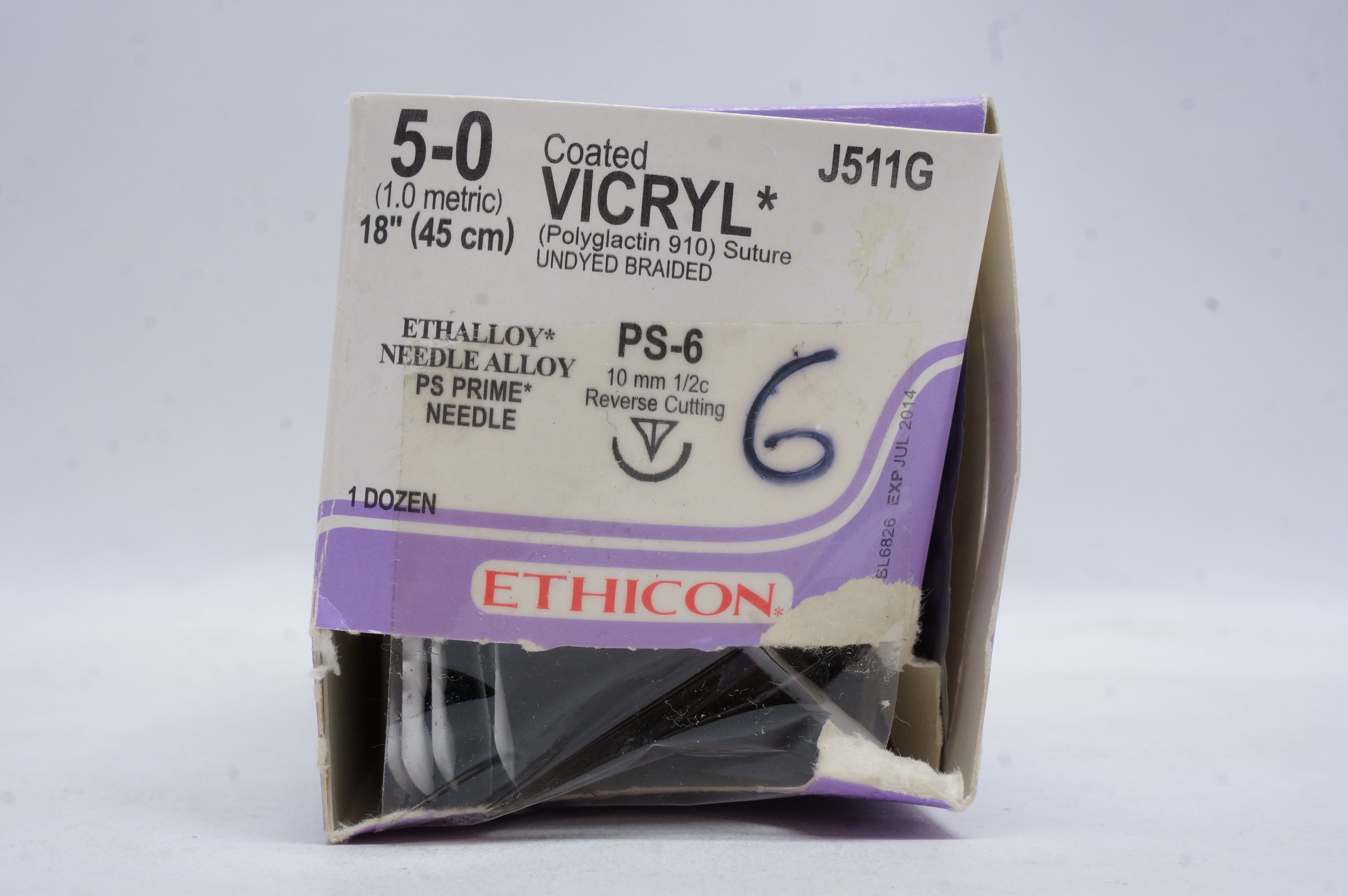 Ethicon J511G 5-0 VICRYL, PS-6, 10mm 1/2c Reverse Cutting, 18inch (x) - Box of 6
