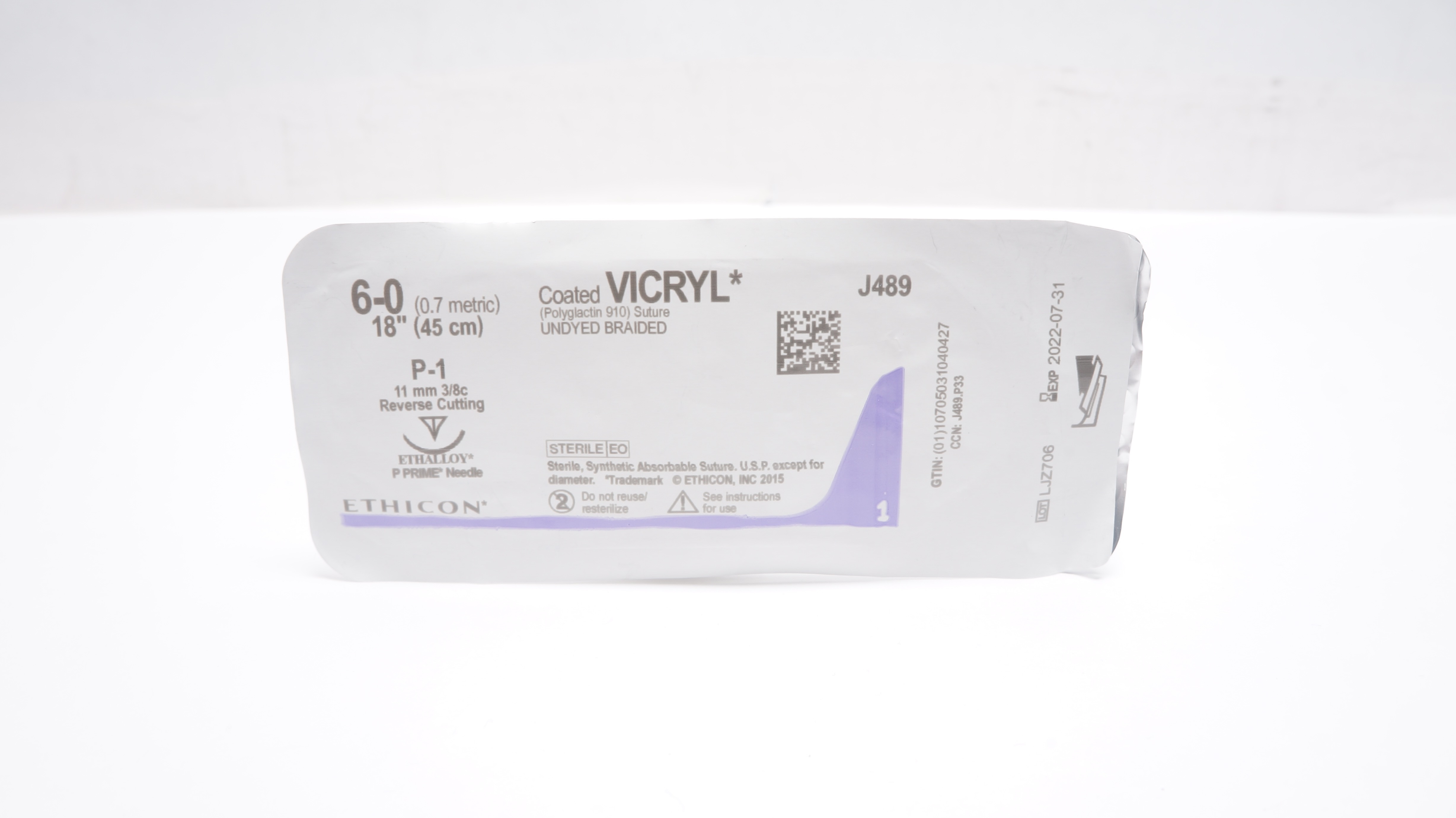 Ethicon J489 6-0 Coated Vicryl Stre P-1 11mm 3/8c Reverse Cutting, 18inch (x)