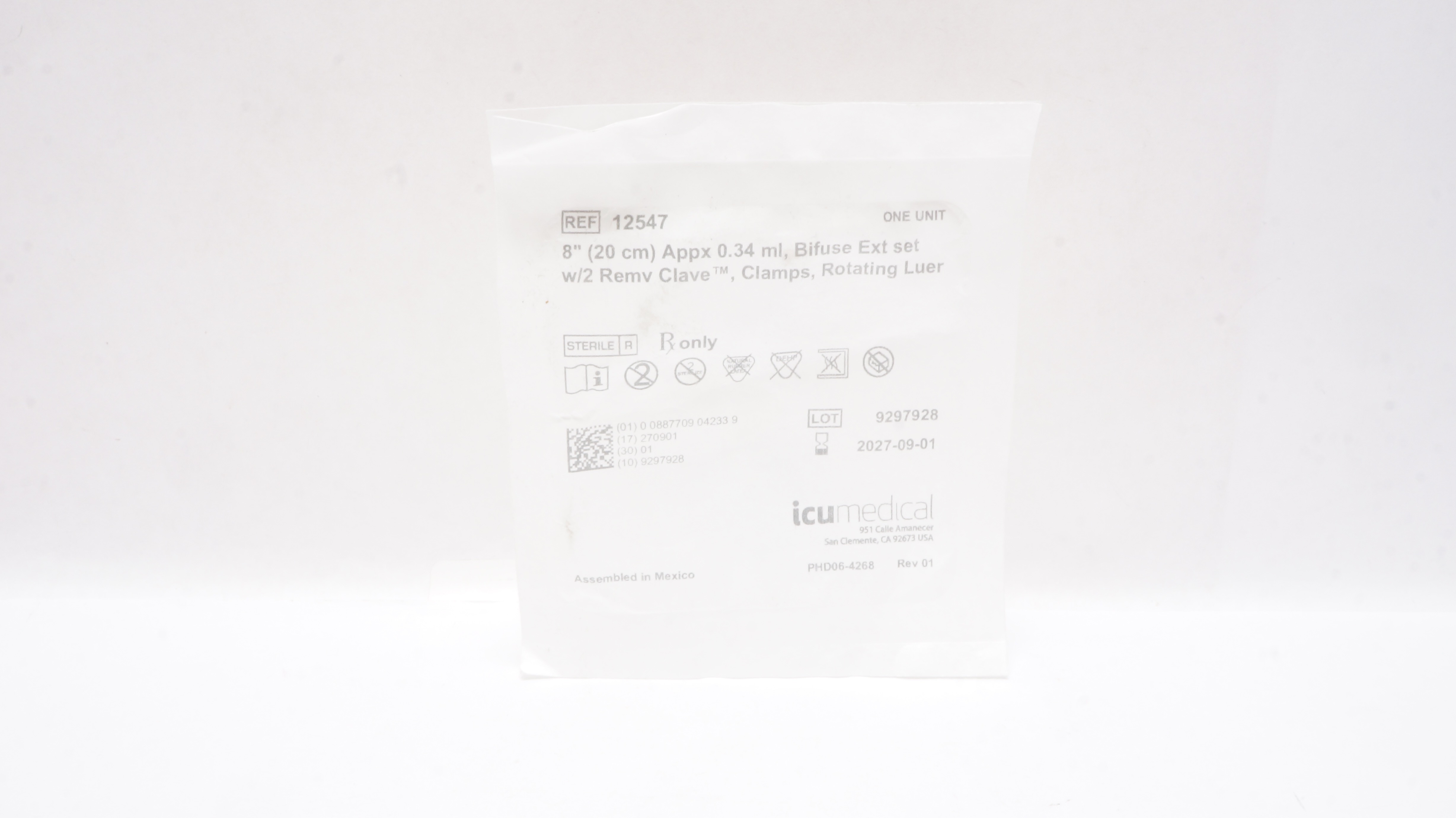 ICU Medical 12547 Extension Set w/2 Remv Clave Clamps Rotating Luer 8inchx0.34mL