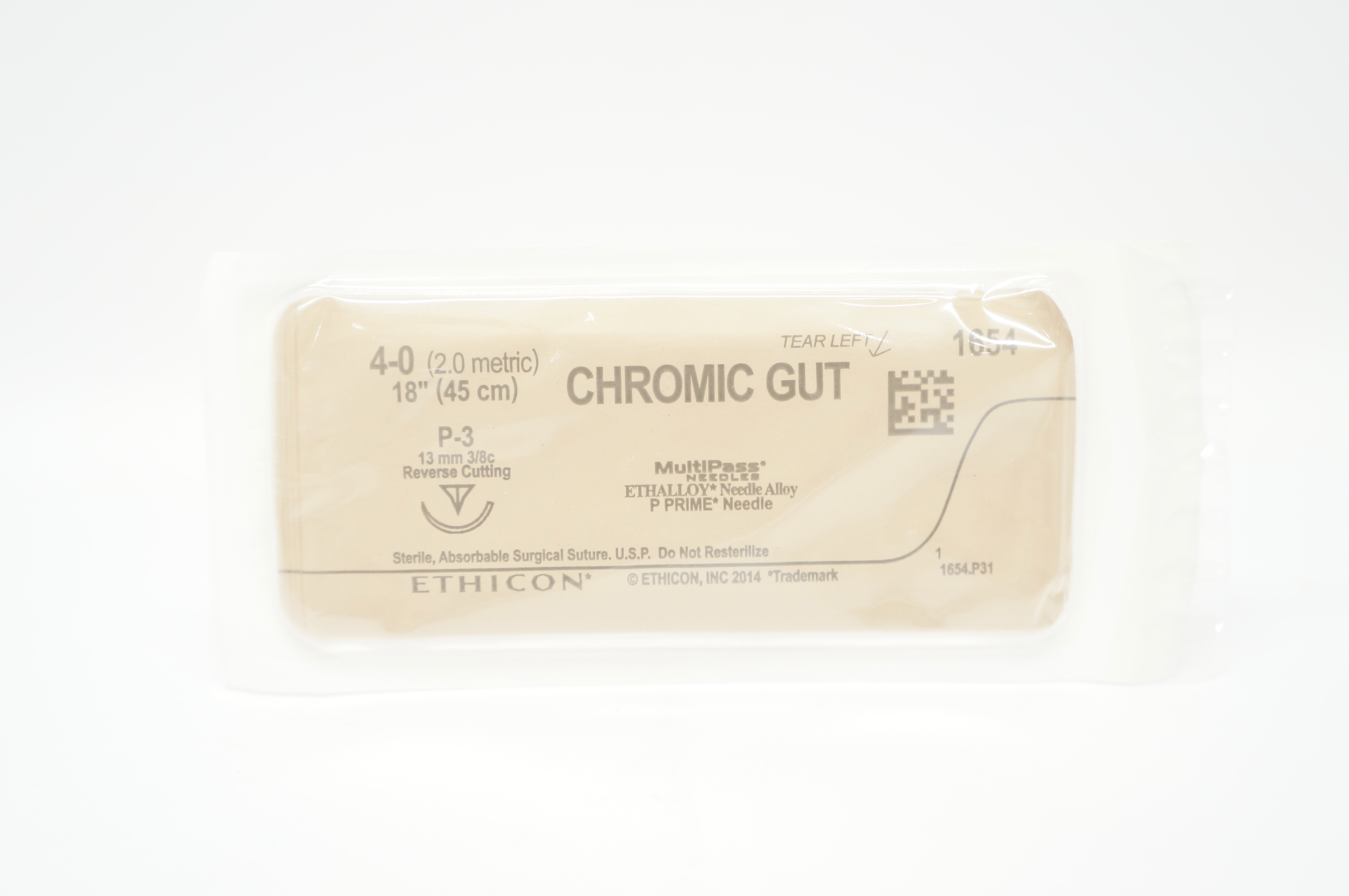 Ethicon 1654 4-0 CHROMIC GUT, P-3, 13mm 3/8 Reverse Cutting, 18inch
