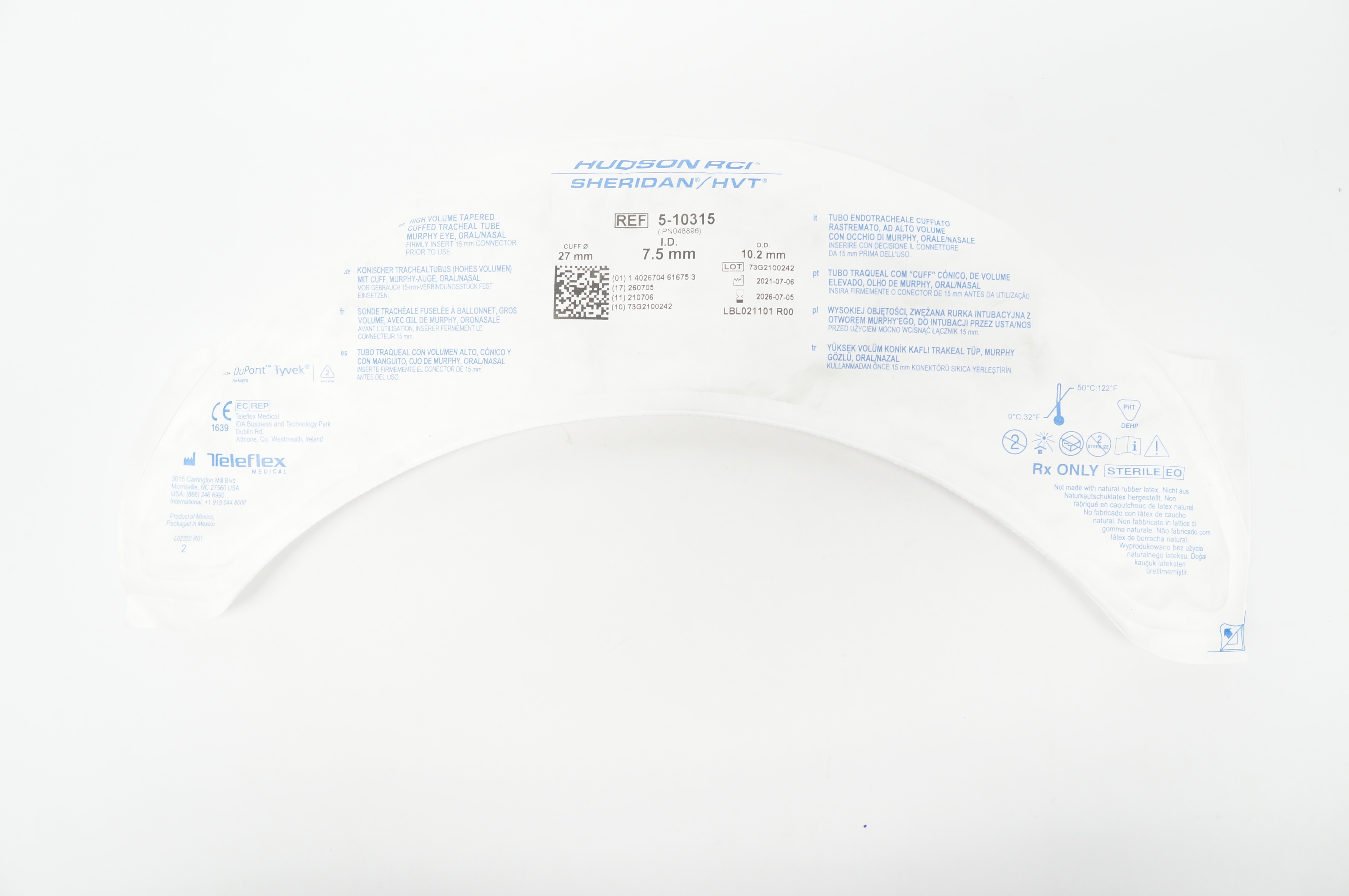 Teleflex 5-10315 Hudson RCI Sheridan HVT Cuffed Tracheal Tube 7.5 x 10.2 x 27mm
