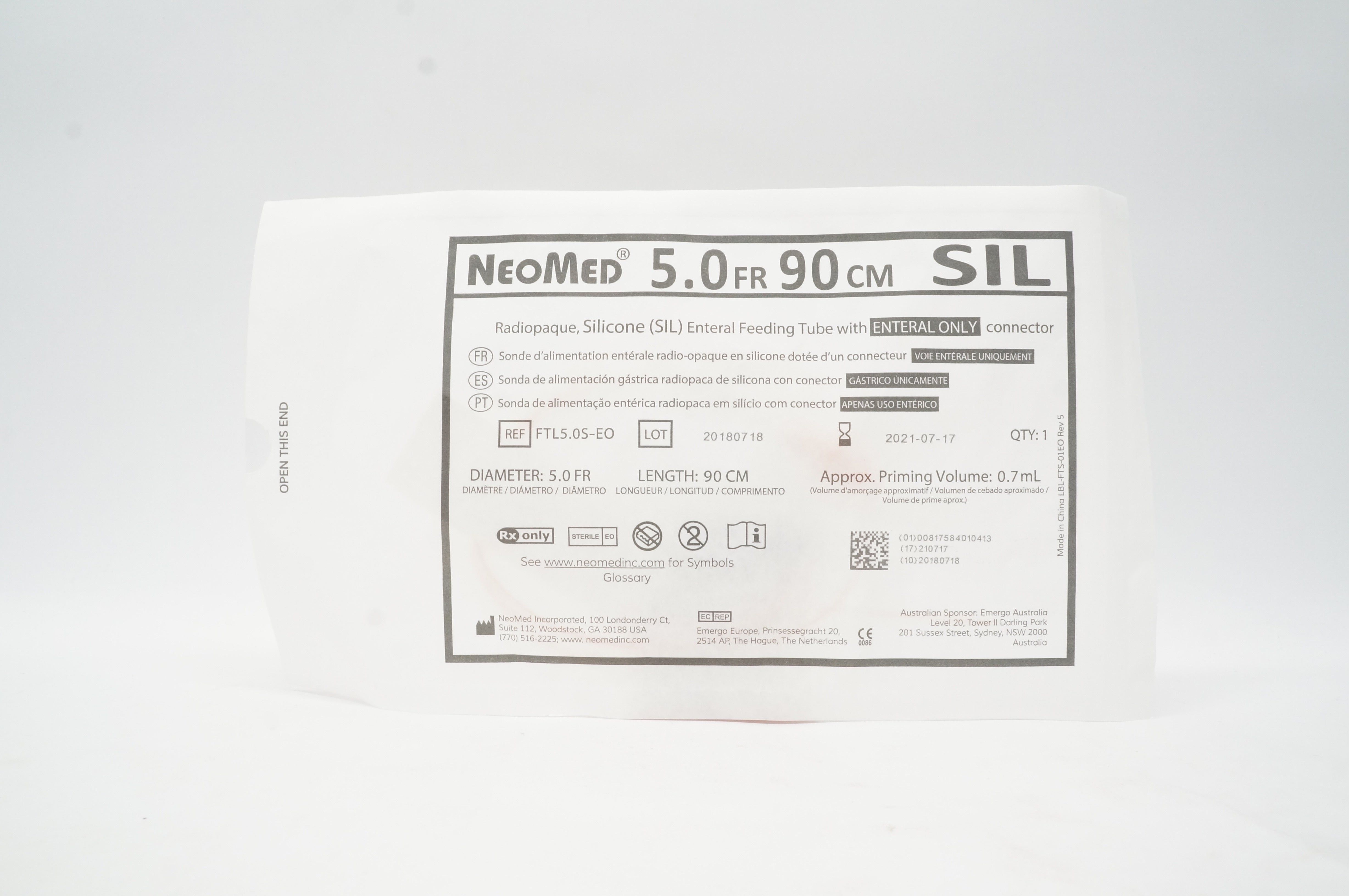 NeoMed FTL5.0S-EO Radiopaque, Silicone Enteral Feeding Tube 5.0Fr x 90cm, 0.7mL