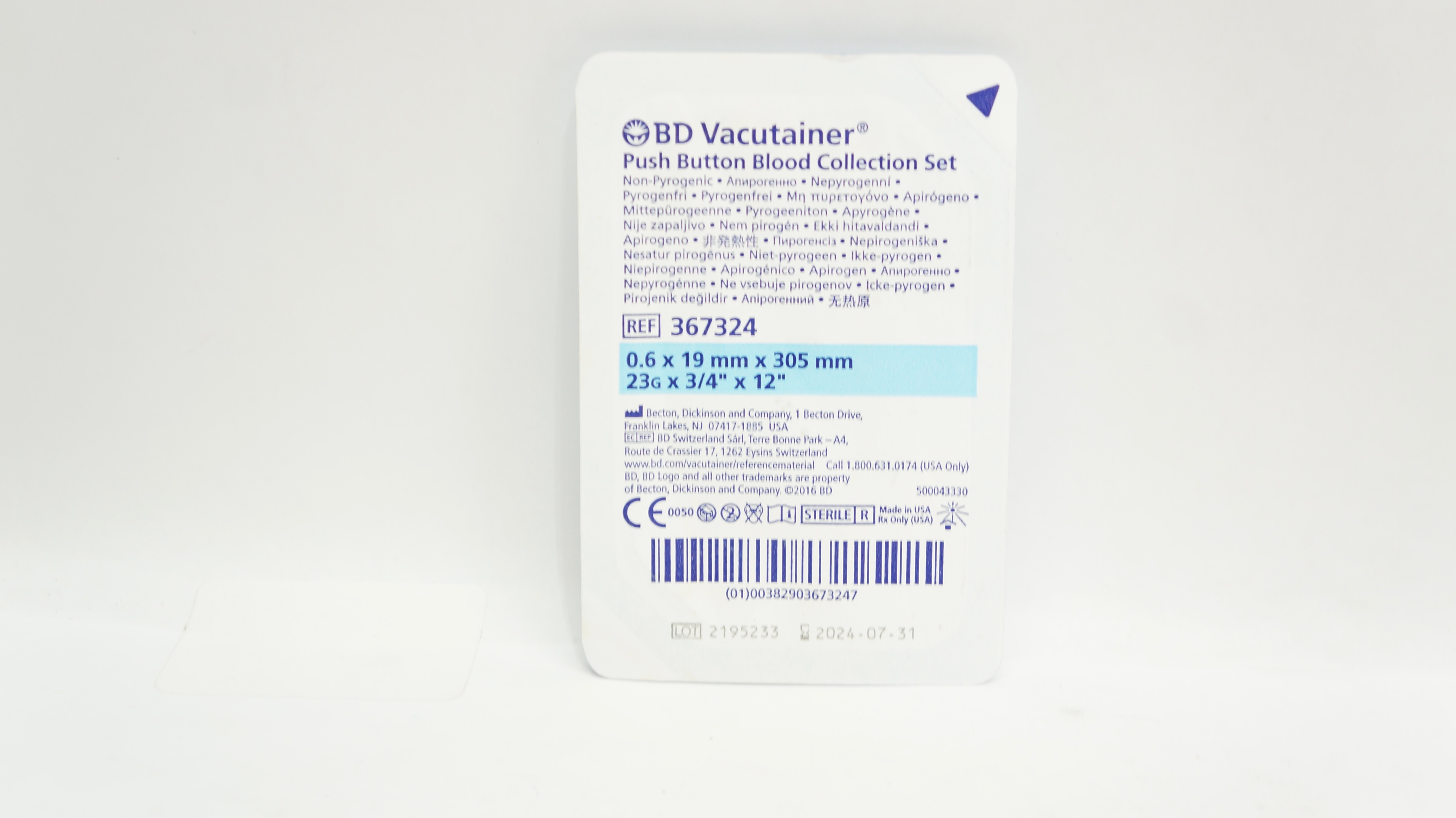 BD 367324 Vacutainer Puch Button Blood Collection Set 23G x 3/4inch x 12inch