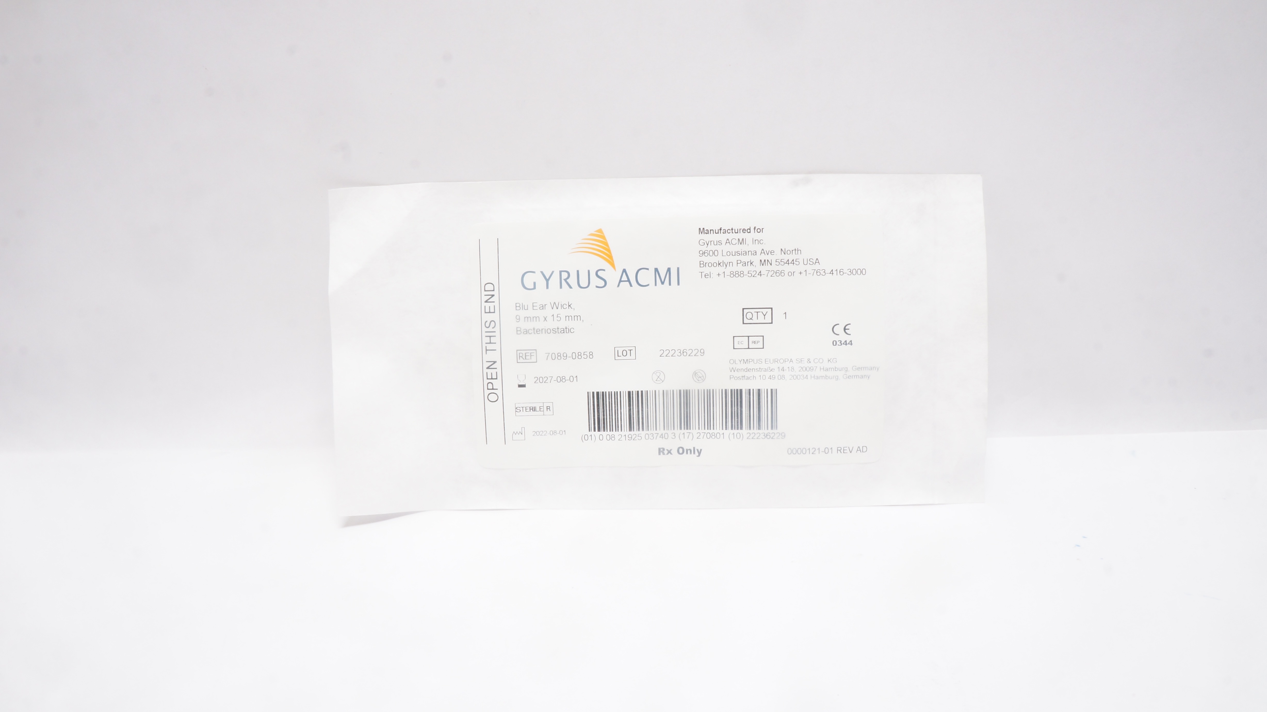 Gyrus Acmi 7089-0858 Blu Ear Wick, 9mm x 15mm, Bacteriostatic