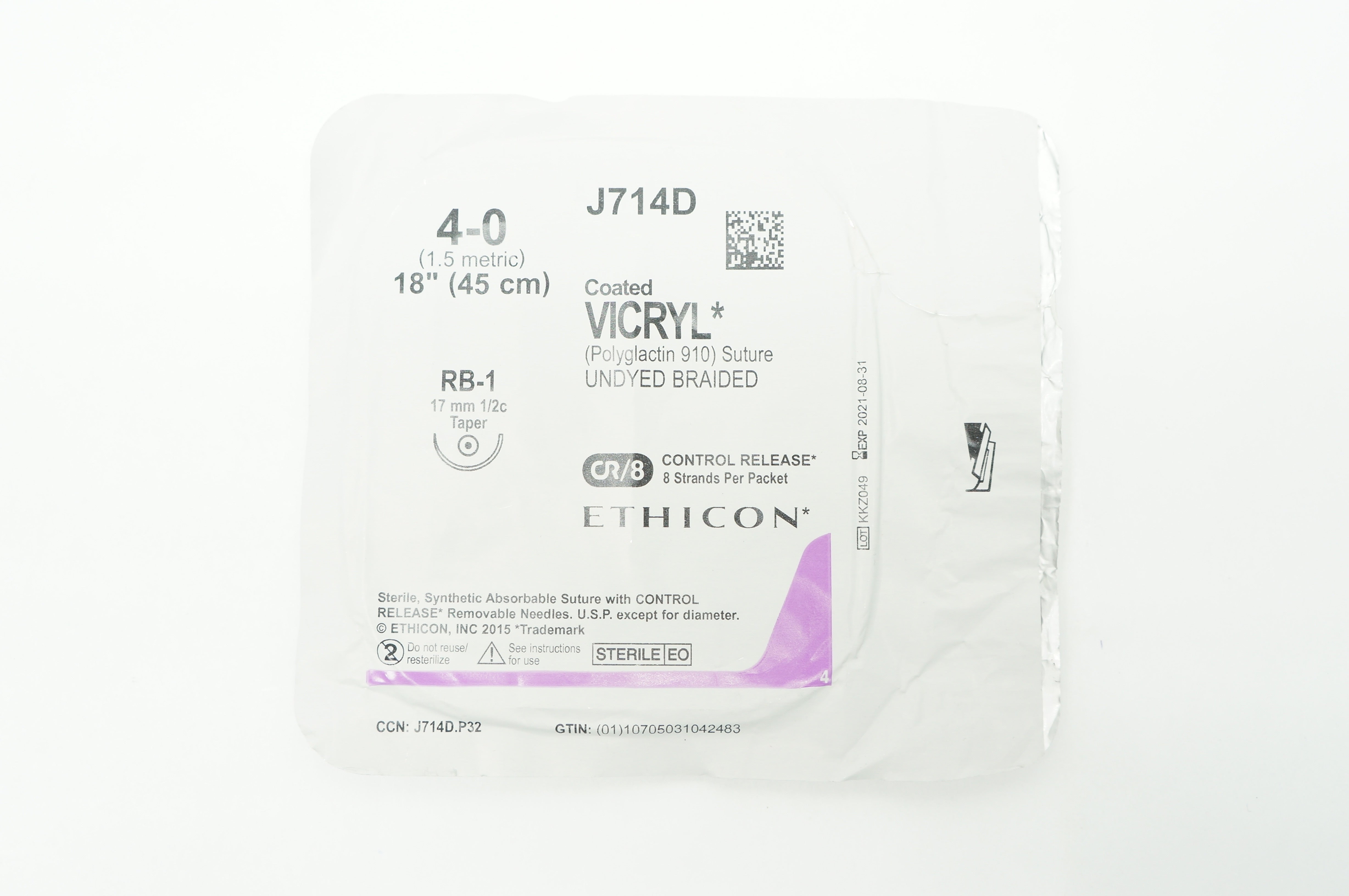 Ethicon J714D 4-0 Coated VICRYL RB-1 17mm 1/2c Taper 18inch (x)