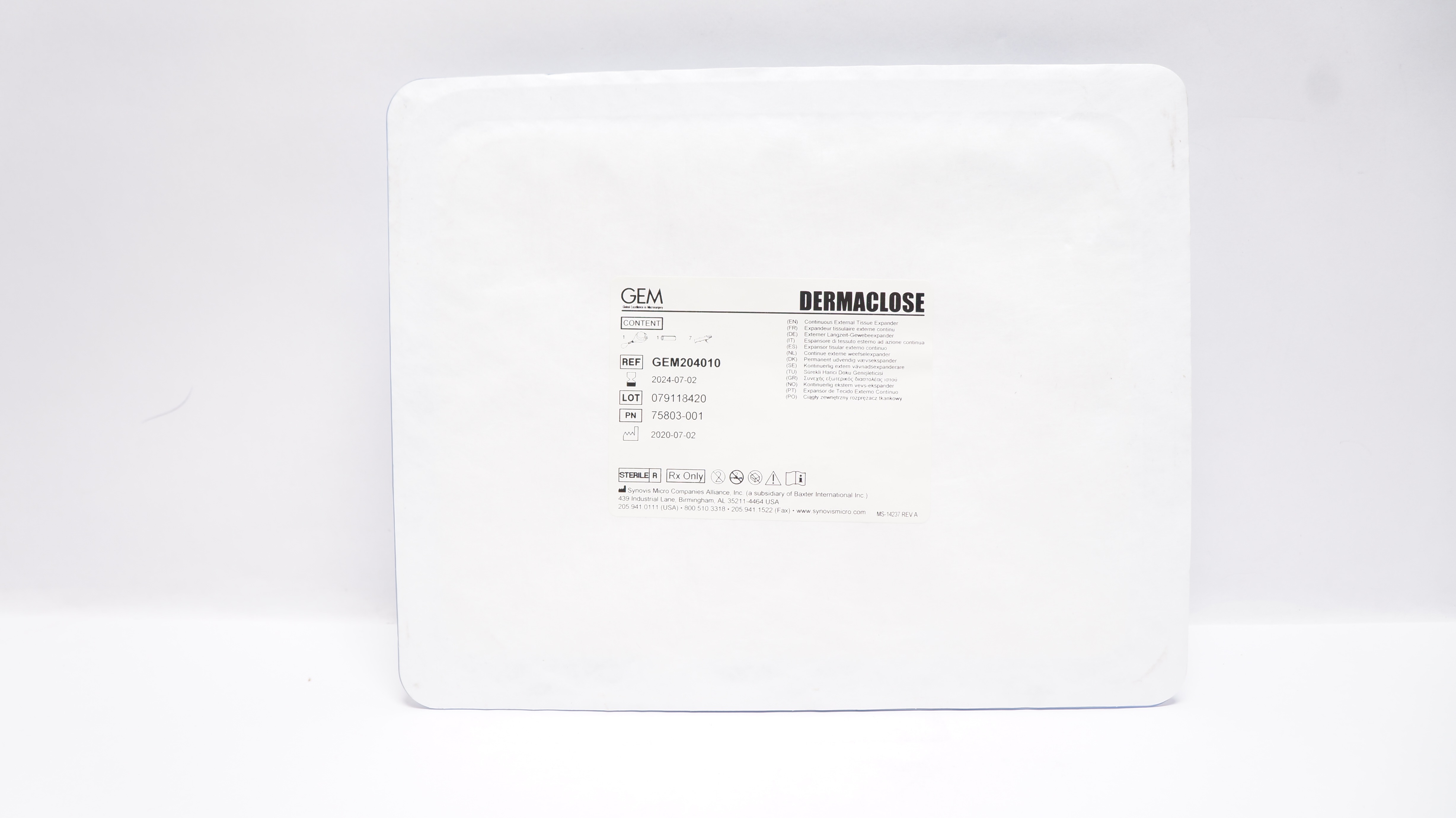 Synovis GEM204010 Dermaclose Continuous External Tissue Expander