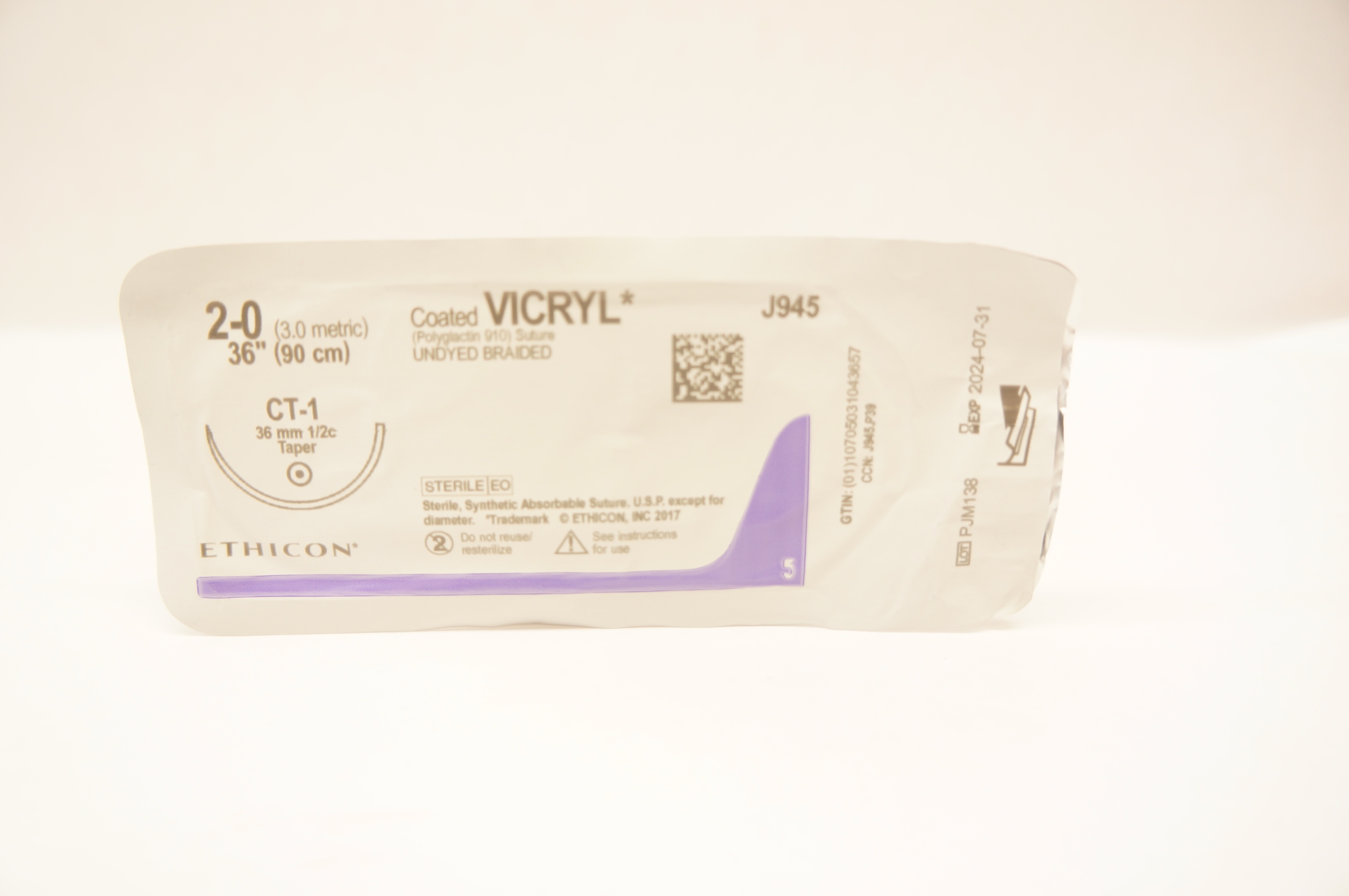Ethicon J945 2-0 Coated VICRYL CT-1 36mm 1/2c Taper 36 inch