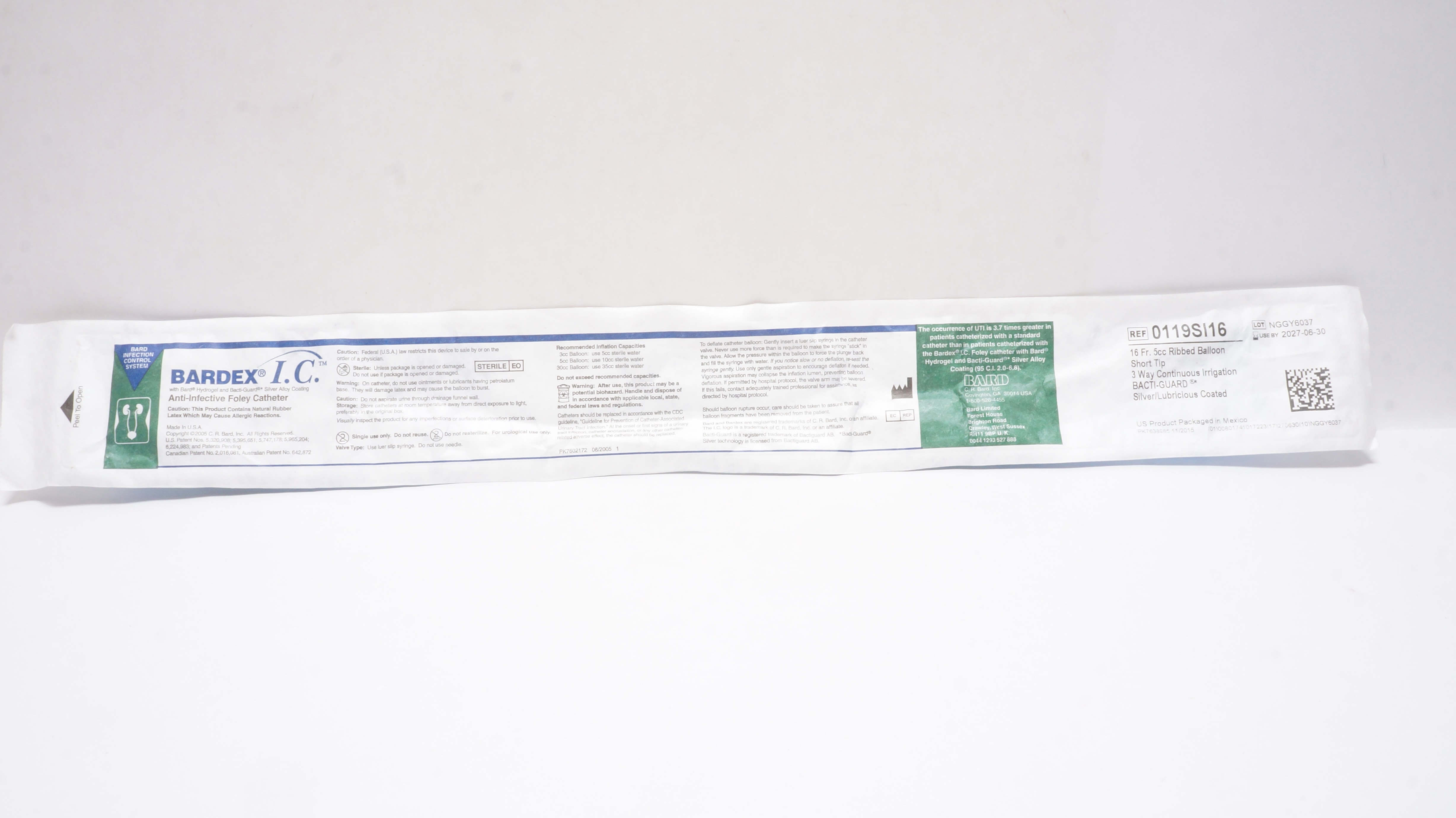 Bard 0119SI16 Bardex I.C. Anti-Infective Foley Cath. 16 Fr 5cc Ribbed Balloon
