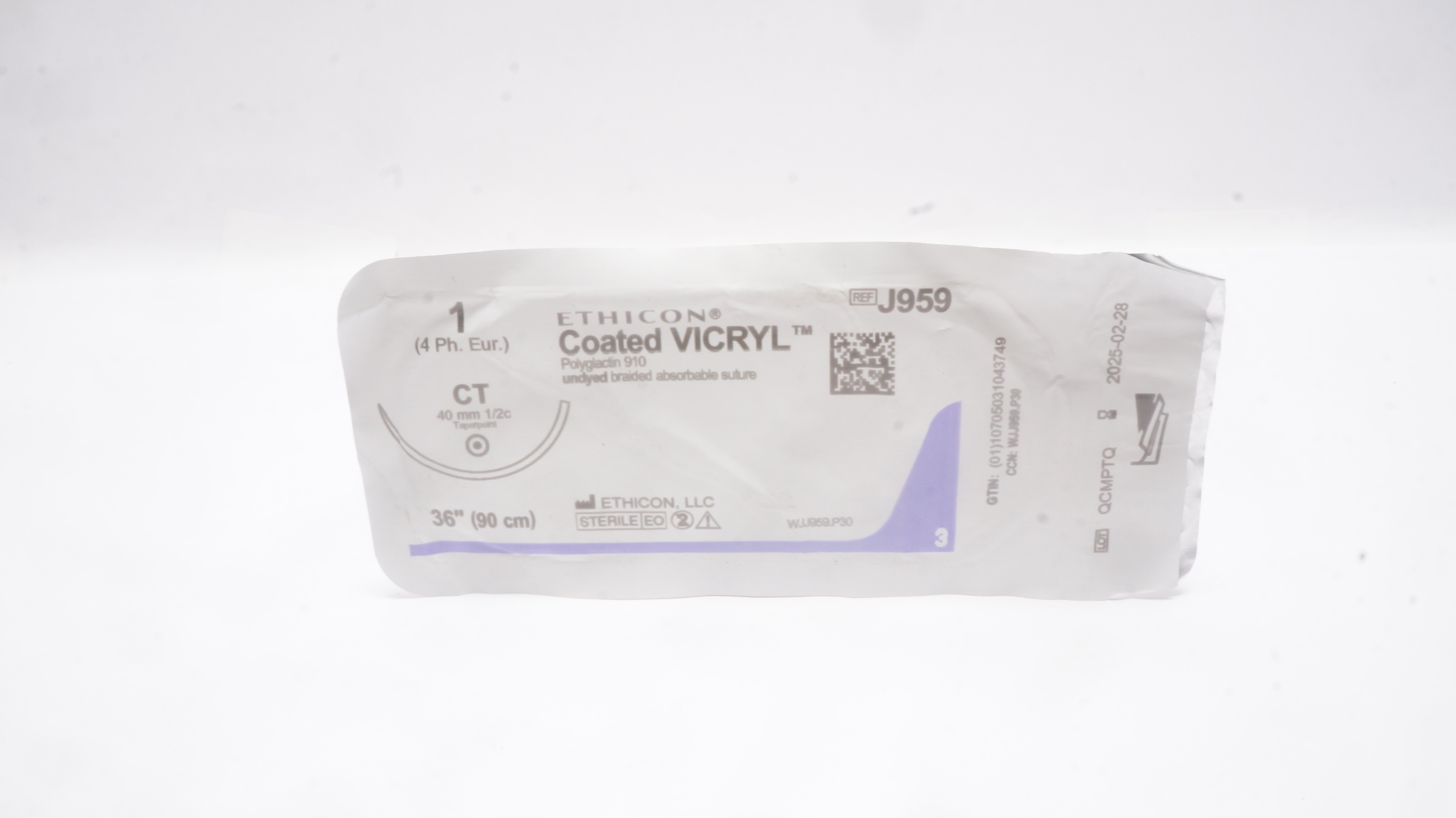 Ethicon J959 1 Coated VICRYL (Polyglactin 910) Stre CT 40mm 1/2c Taper, 36 inch