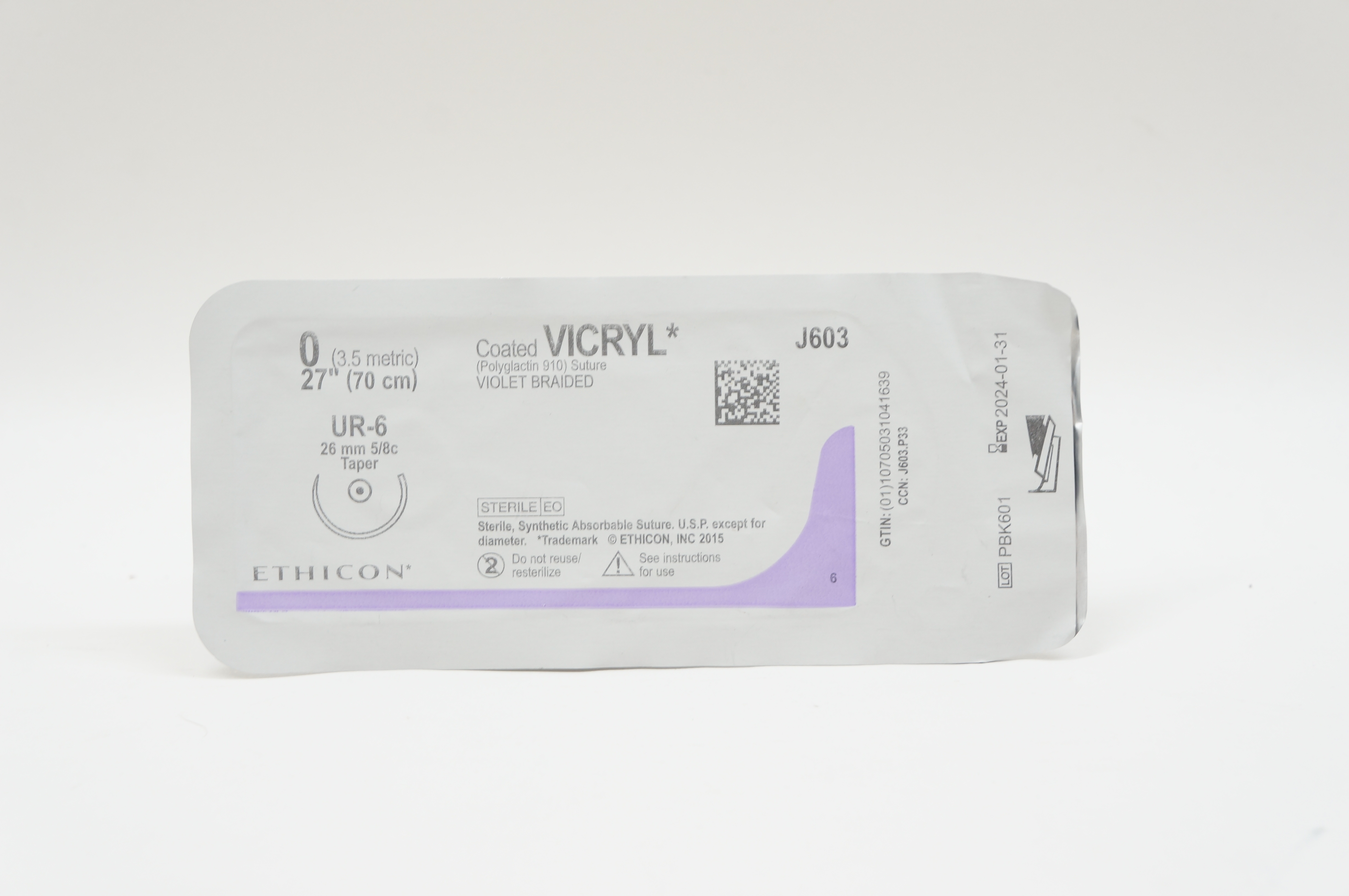 Ethicon J603 0 VICRYL, UR-6, 26mm 5/8c Taper, 27inch
