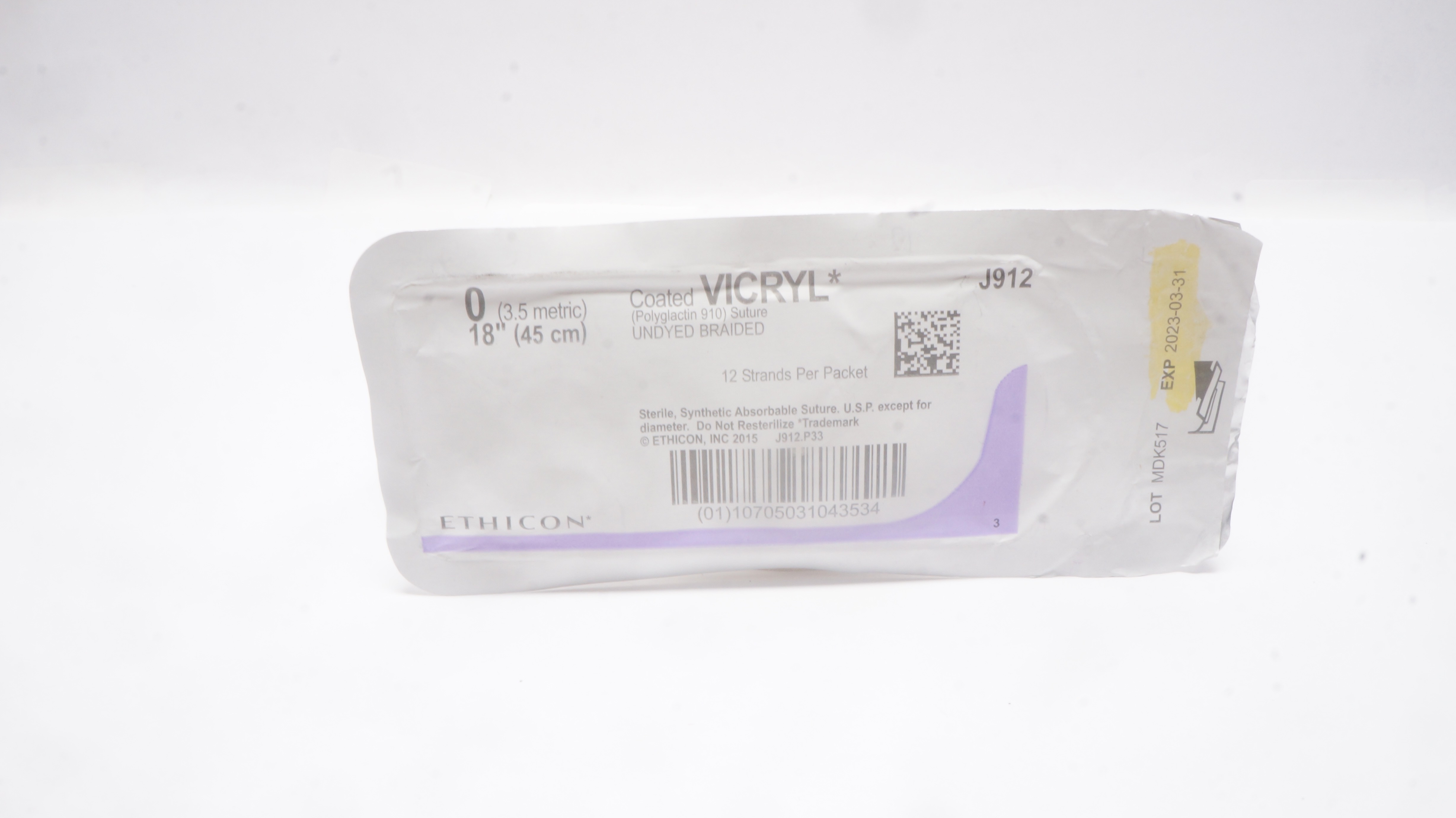 Ethicon J912 0 Coated VICRYL Polyglactin Stre Undyed Braided, 18inch (x)