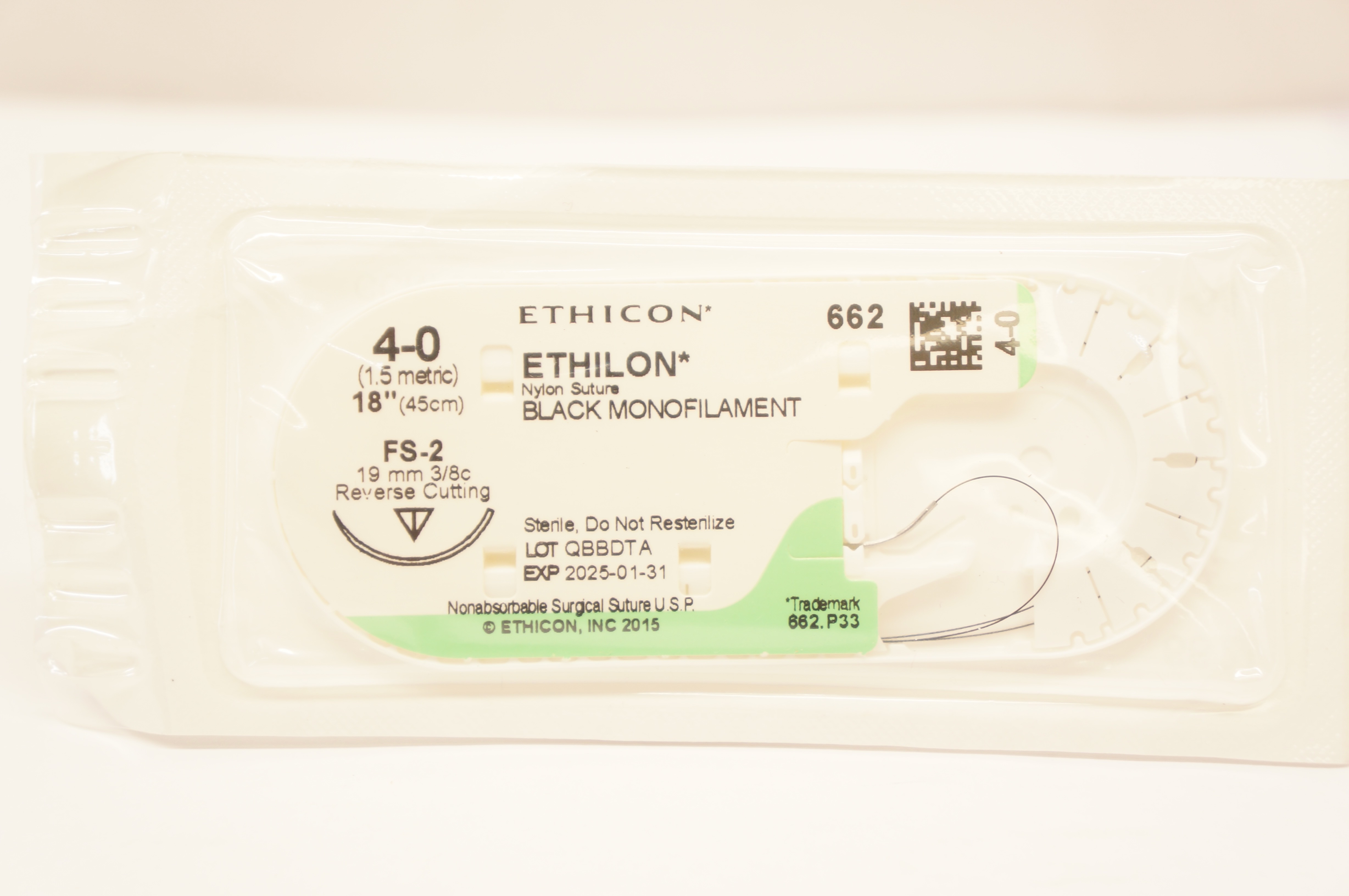 Ethicon 662 4-0 ETHILON Nylon Stre FS-2 19mm 3/8c Reverse Cutting, 18inch