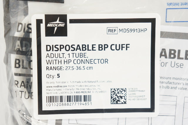 Medline MDS9913HP Blood Pressure Cuff Adult W/HP Connector 27.5-36.5cm-Pack of 5
