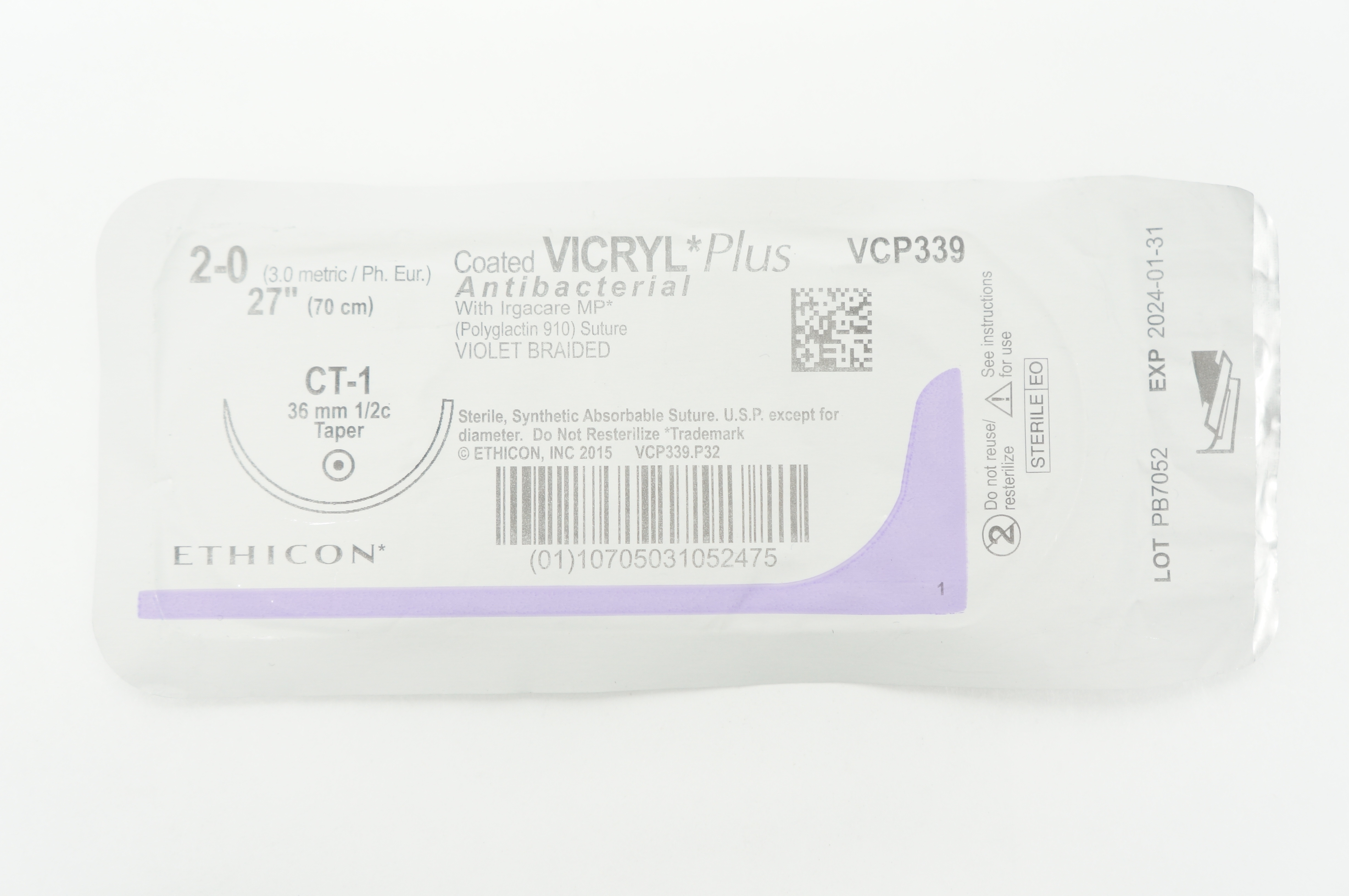 Ethicon VCP339 2-0 VICRYL Plus CT-1 36mm 1/2c Taper 27inch