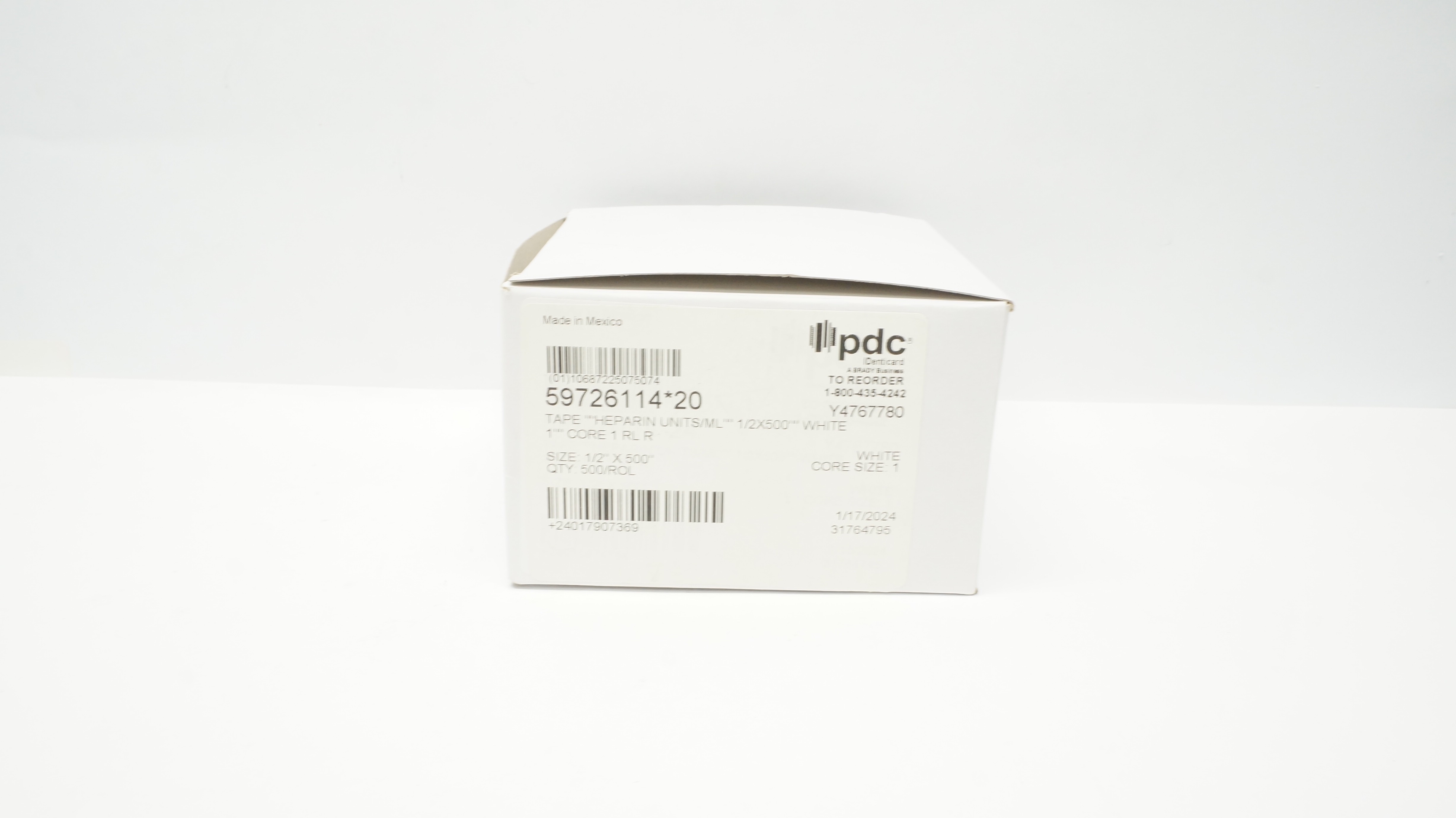 PDC 59726114*20 Tape,Heparin UnitS/ML, 1/2x500,White 1/2In x 500 -Box of 500Roll