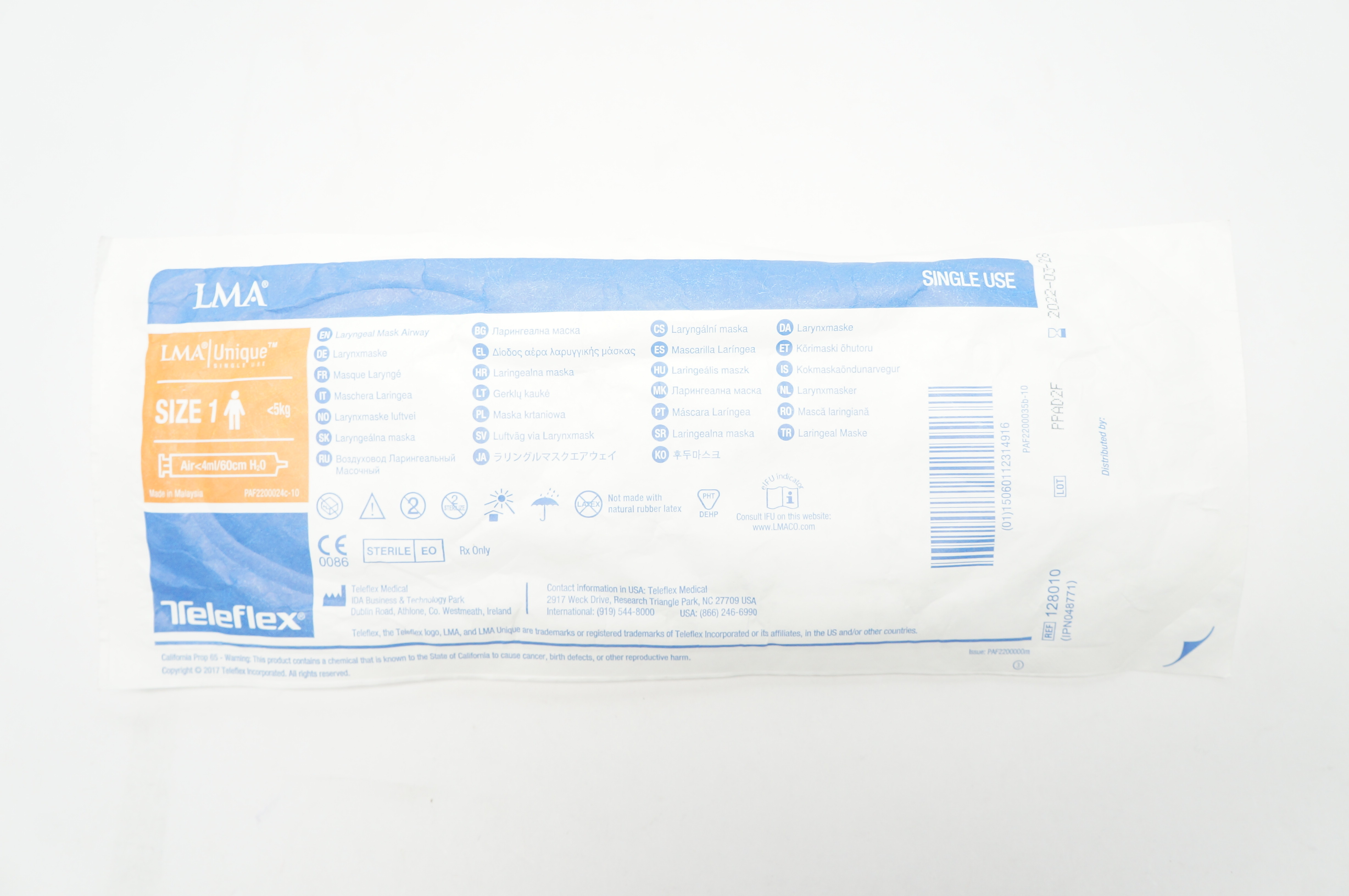 Teleflex 128010 LMA Laryngeal Mask Airway, Size 1 <5kg, Air<4ml/60cm H2O (x)