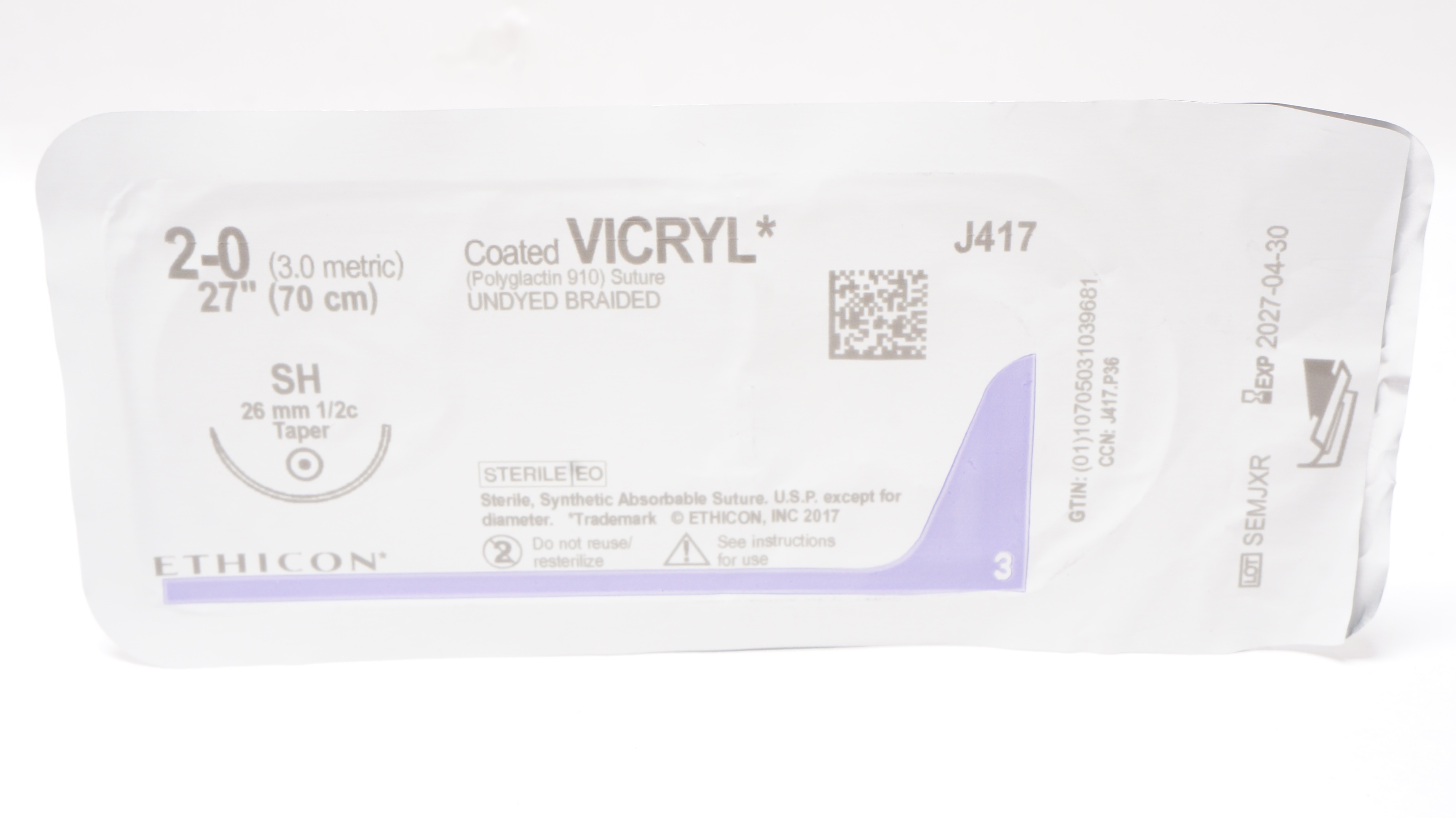 Ethicon J417 2-0 Coated VICRYL Polyglactin 910 Stre SH 26mm 1/2c Taper, 27inch
