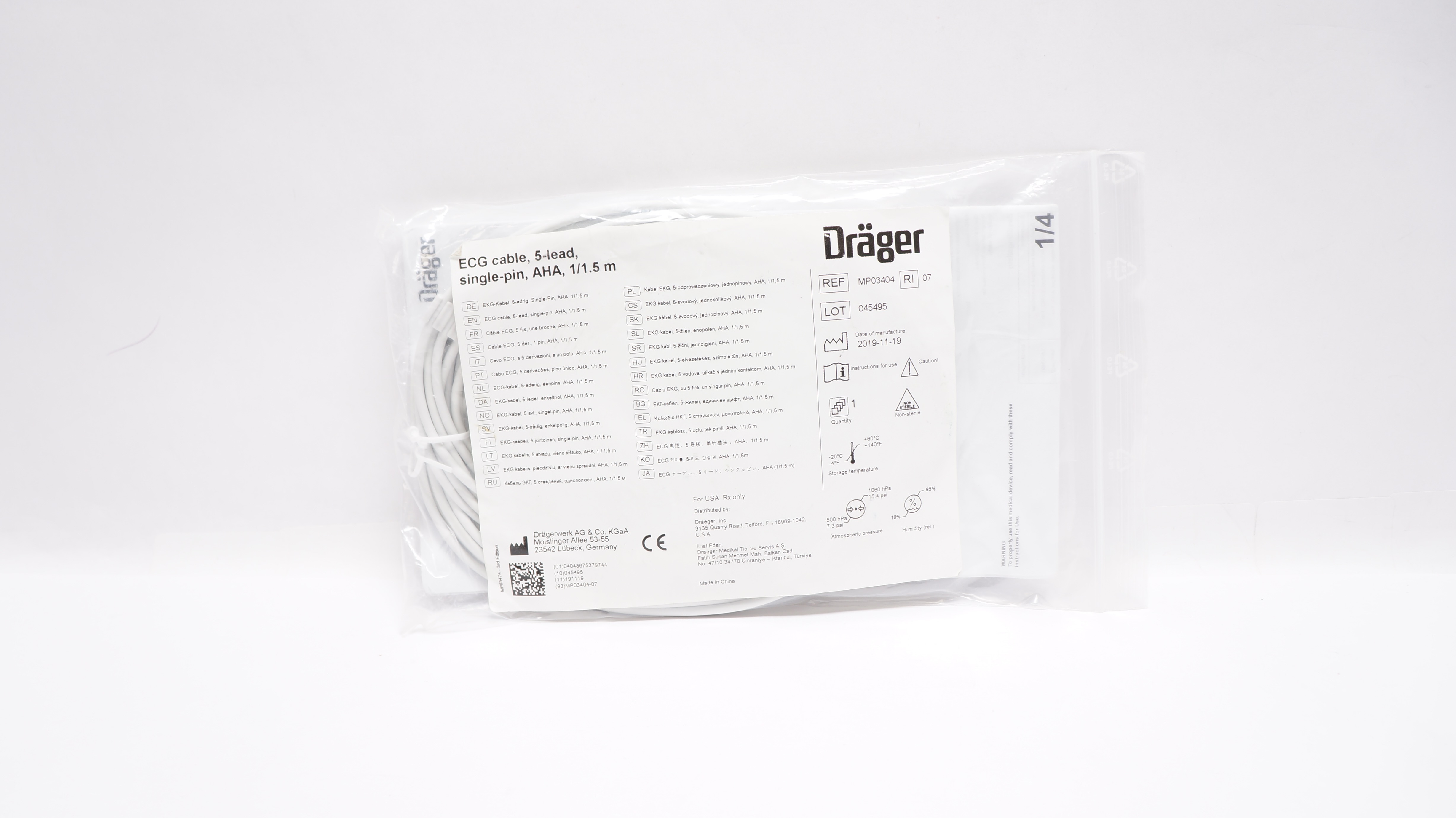Dräger MP03404 ECG Cable, 5-lead Single-pin, AHA, 1 1.5m