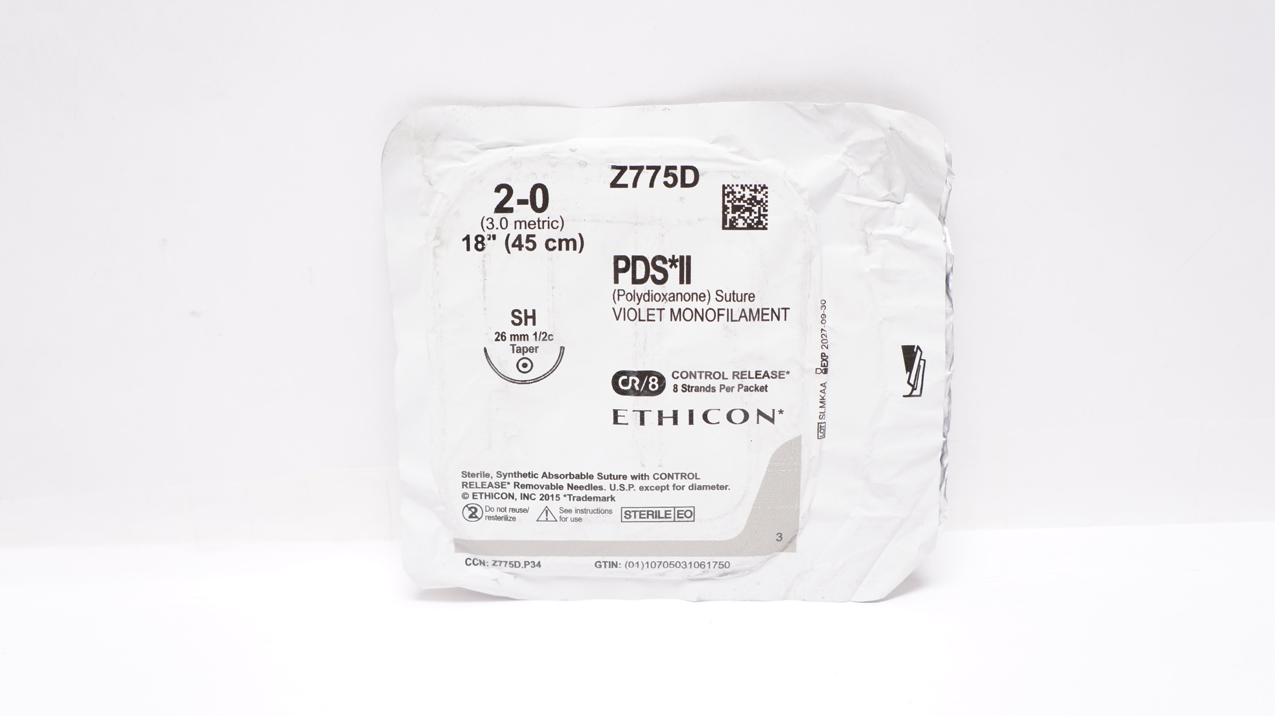 Ethicon Z775D 2-0 PDS II Polydioxanone Stre SH 26mm 1/2c Taper, 18inch CR/8