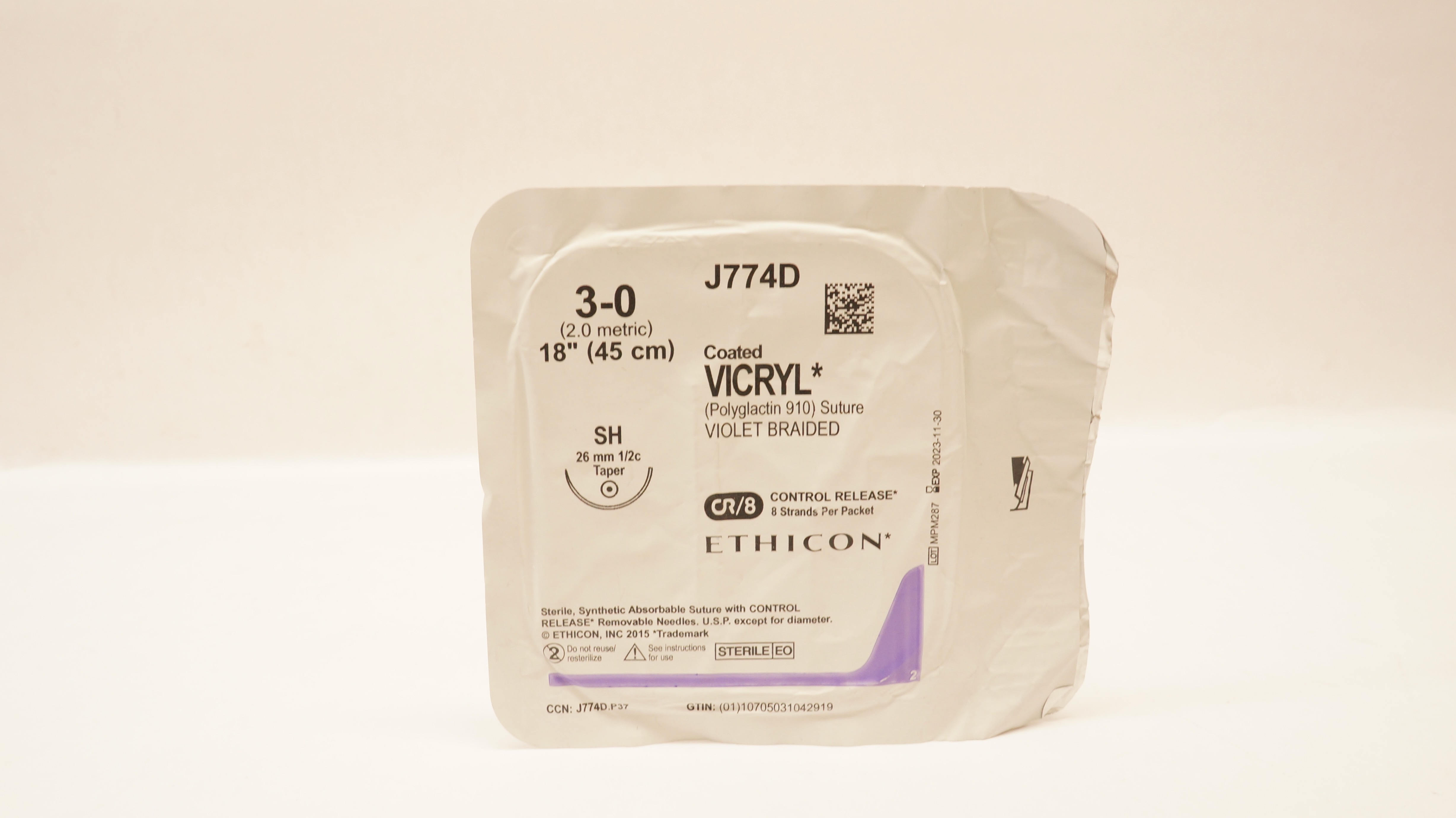 Ethicon J774D 3-0 Coated VICRYL Stre Violet Braided SH 26mm 1/2c Taper, 18inch