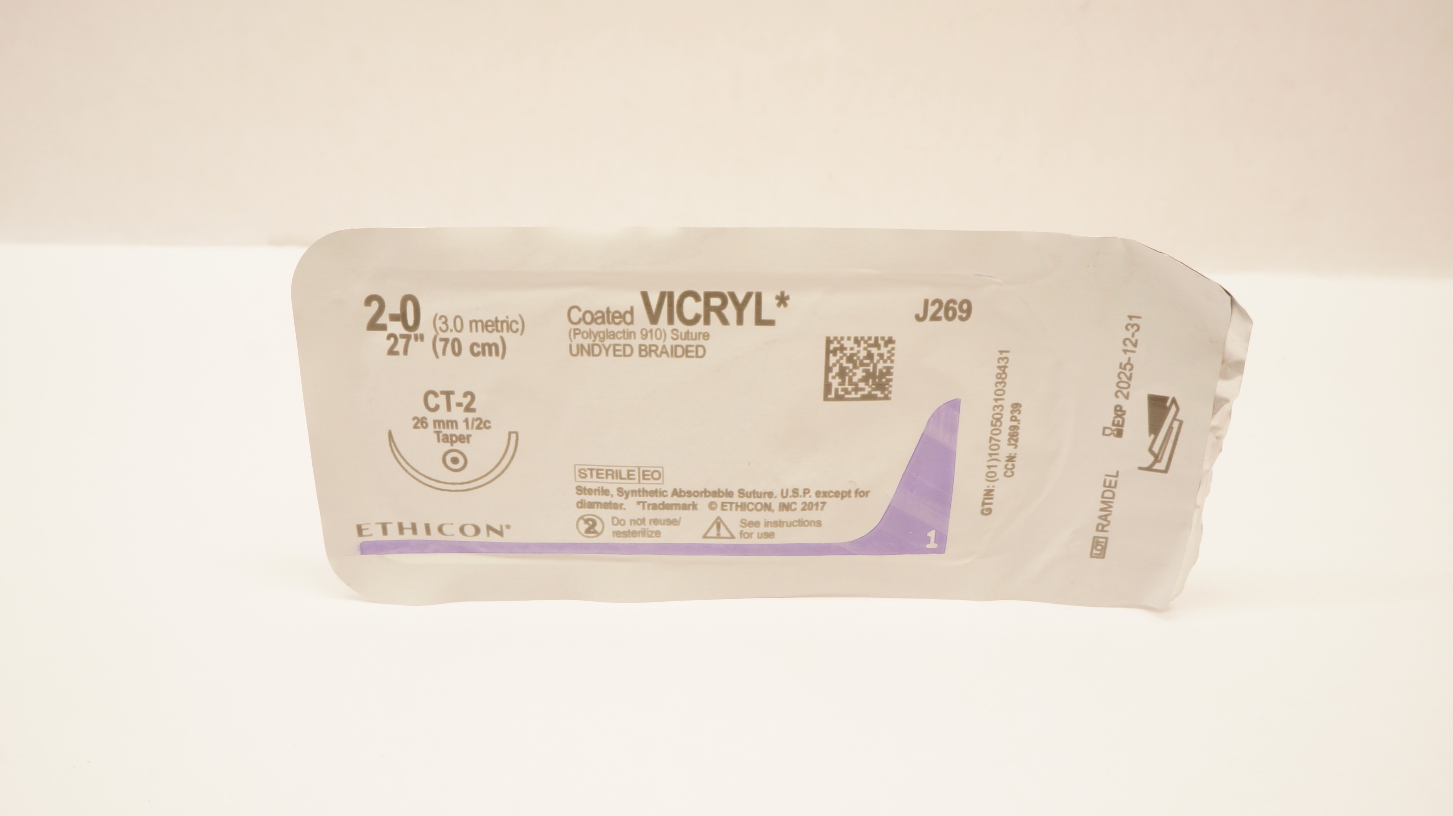 Ethicon J269 2-0 Coated VICRYL Polyglactin Stre CT-2 26mm 1/2c Taper, 27inch
