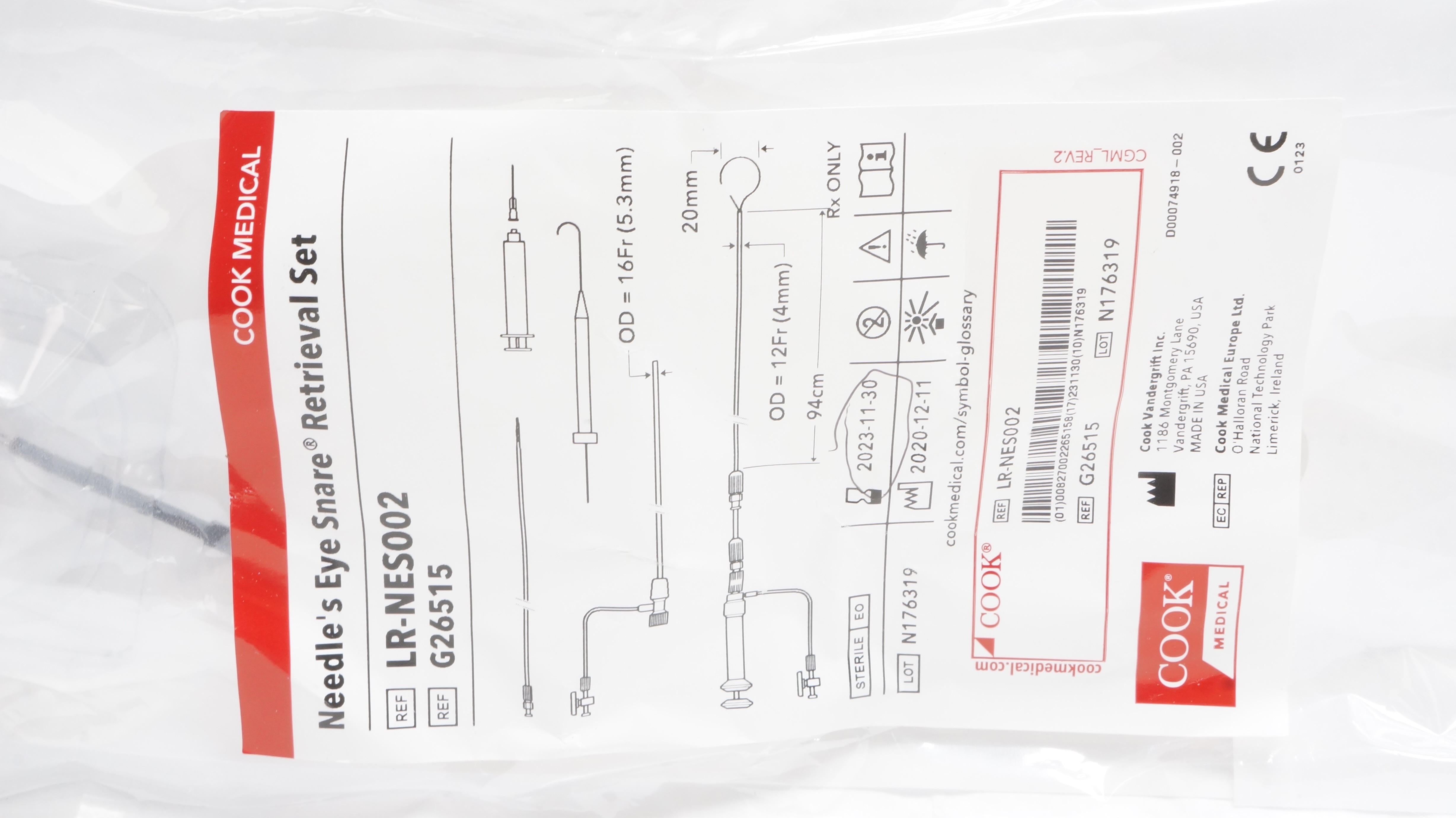 Cook Medical G26515 Ndle's Eye Snare Retrieval Set 16Fr x 20mm 12FR x 94cm (x)