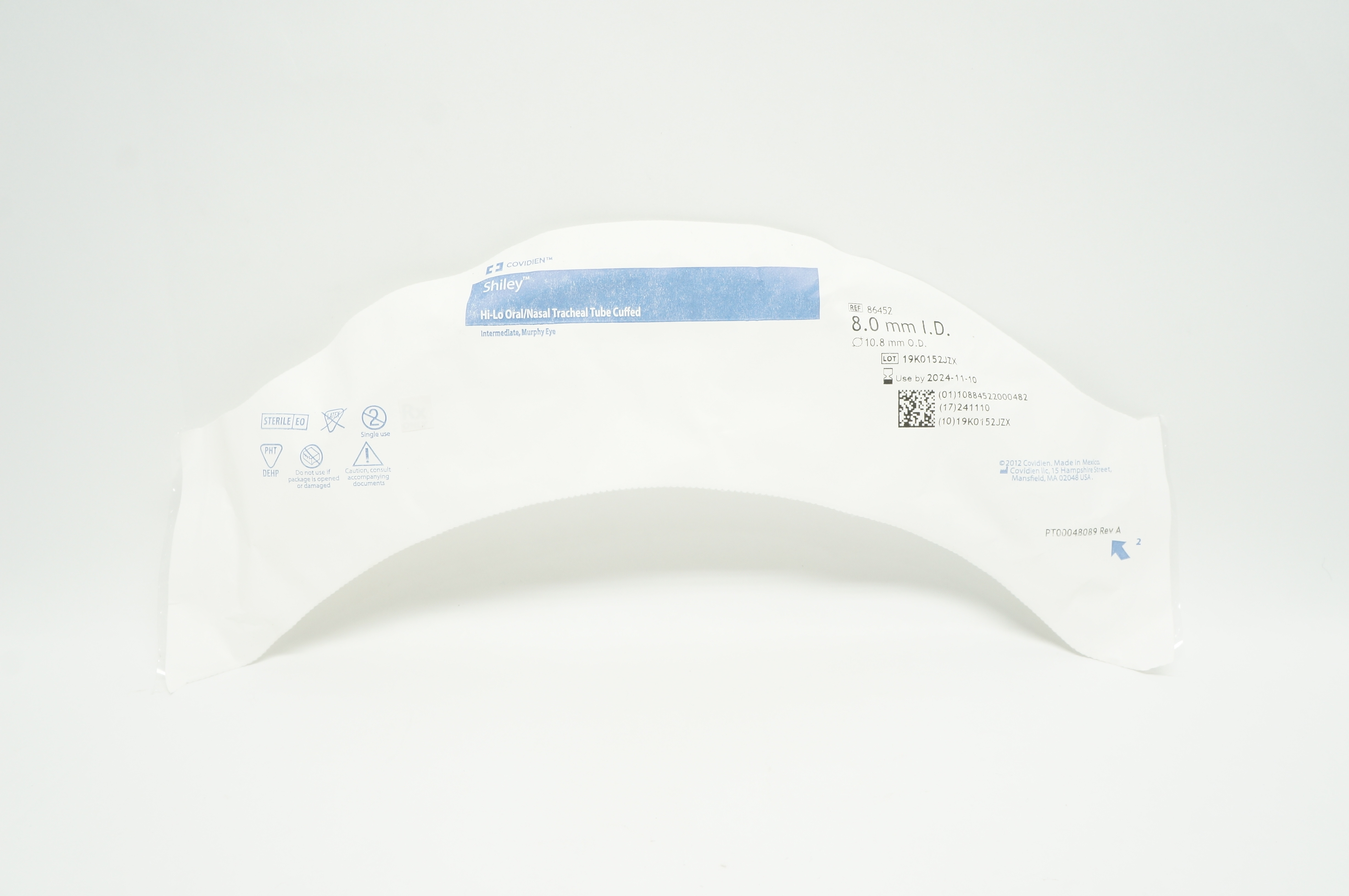 Covidien 86452 Shiley Hi-Lo Oral/Nasal Tracheal Tube Cuffed 8mm x 10.8mm