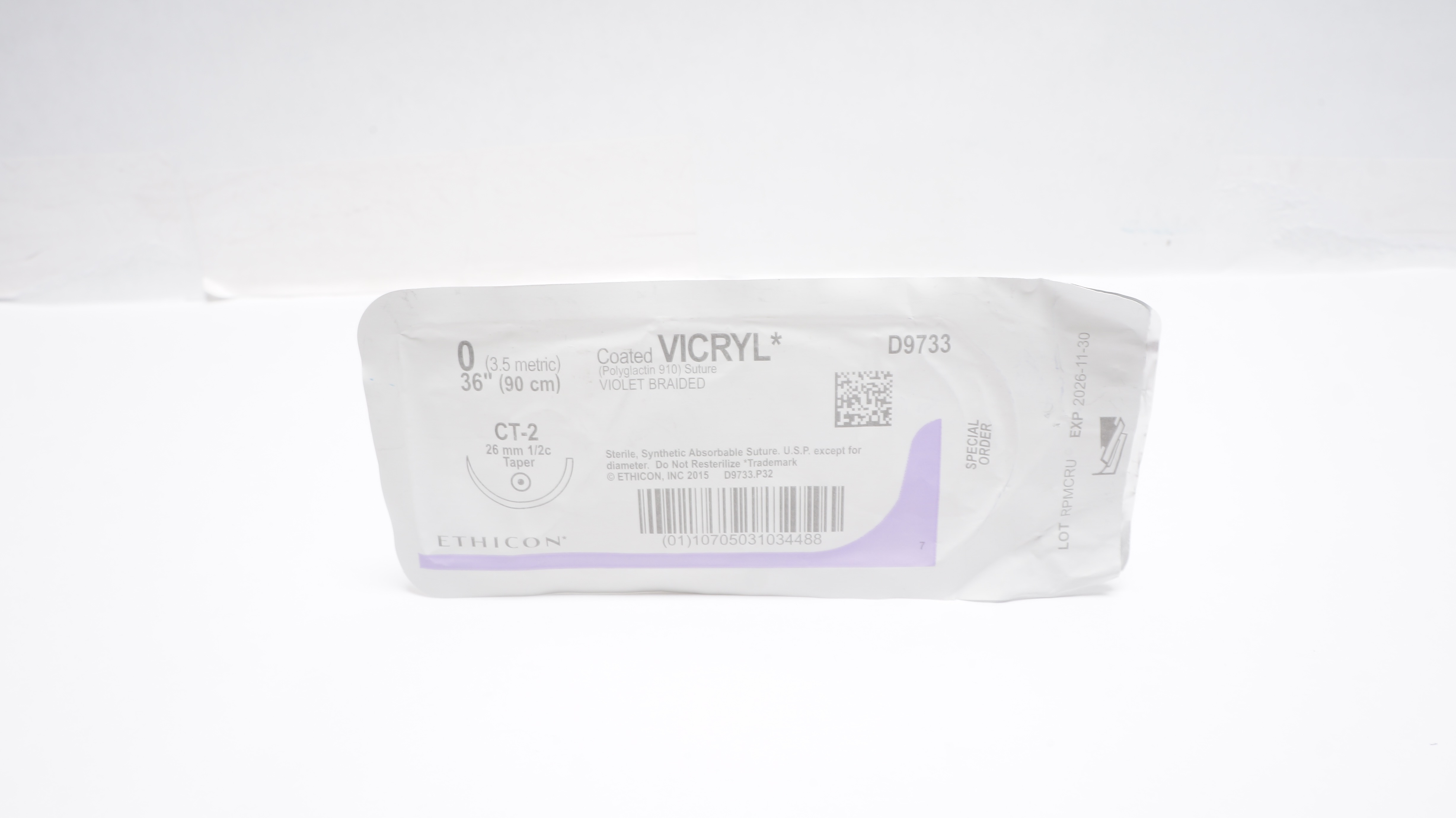 Ethicon D9733 0 Coated VICRYL,CT-2,  26mm 1/2c Taper,  36inch