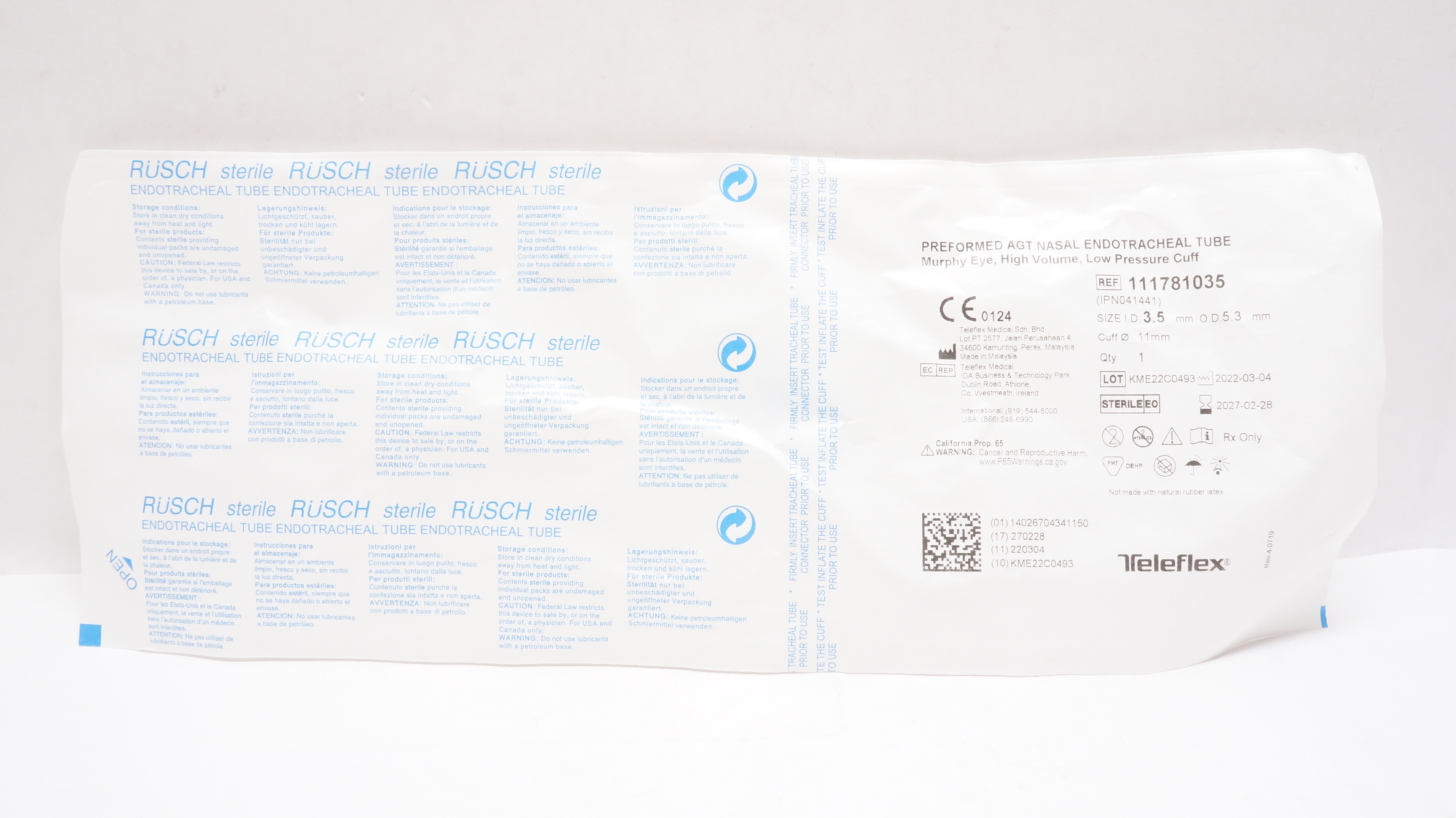 Teleflex 111781035 Preformed Agt Nasal Endotracheal Tube 3.5ID x 5.3OD x 11.0mm