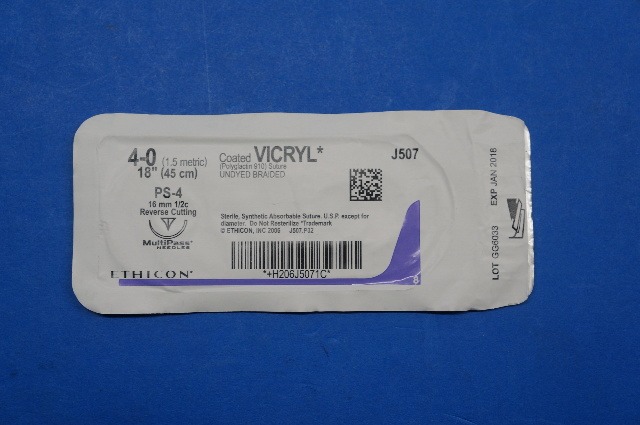 Ethicon J507 4-0 VICRYL, PS-4 16mm 1/2c Reverse Cutting, Undyed Braided, 18inch