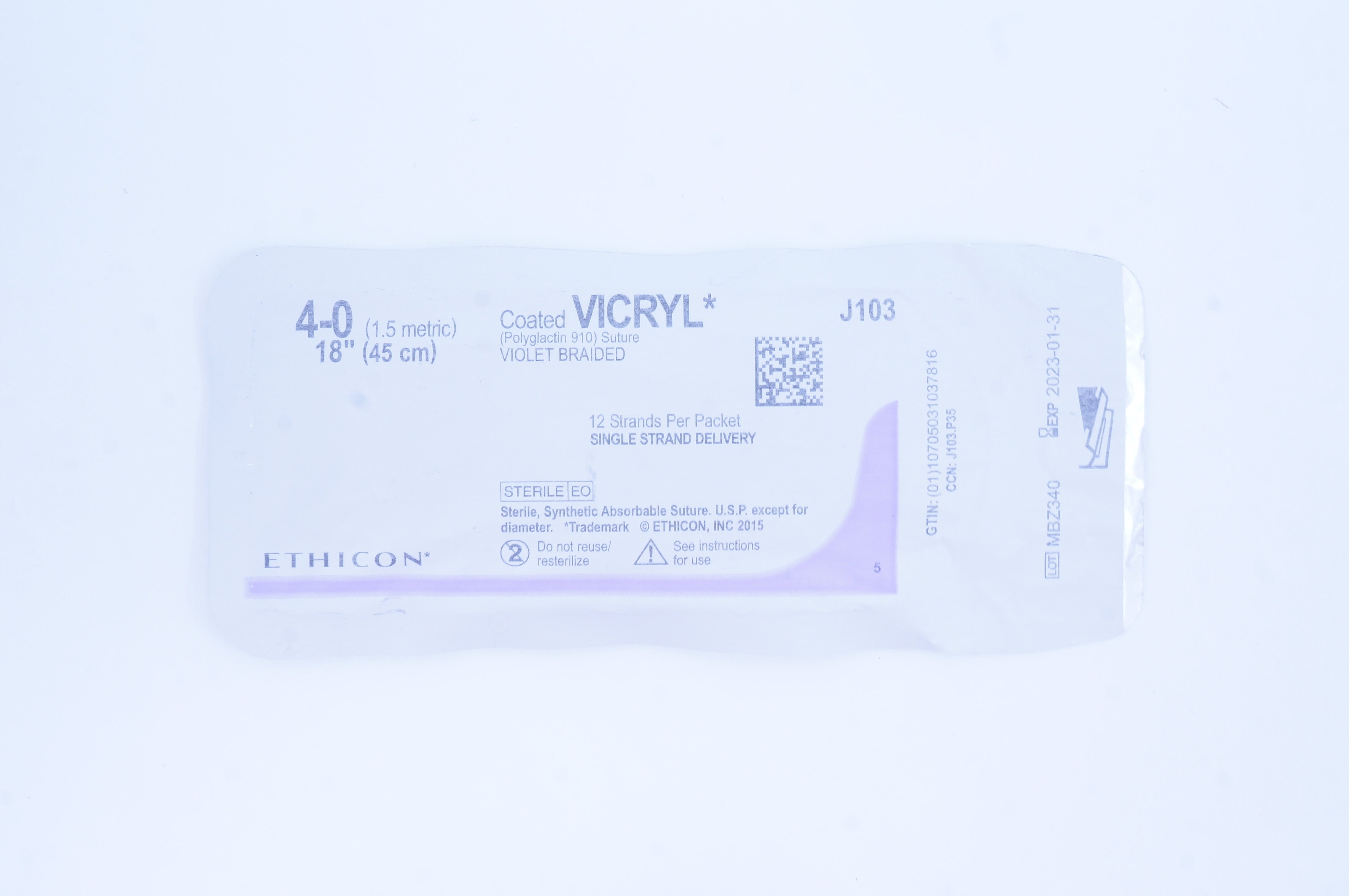 Ethicon J103 4-0 Coated VICRYL Violet Braided, 18inch