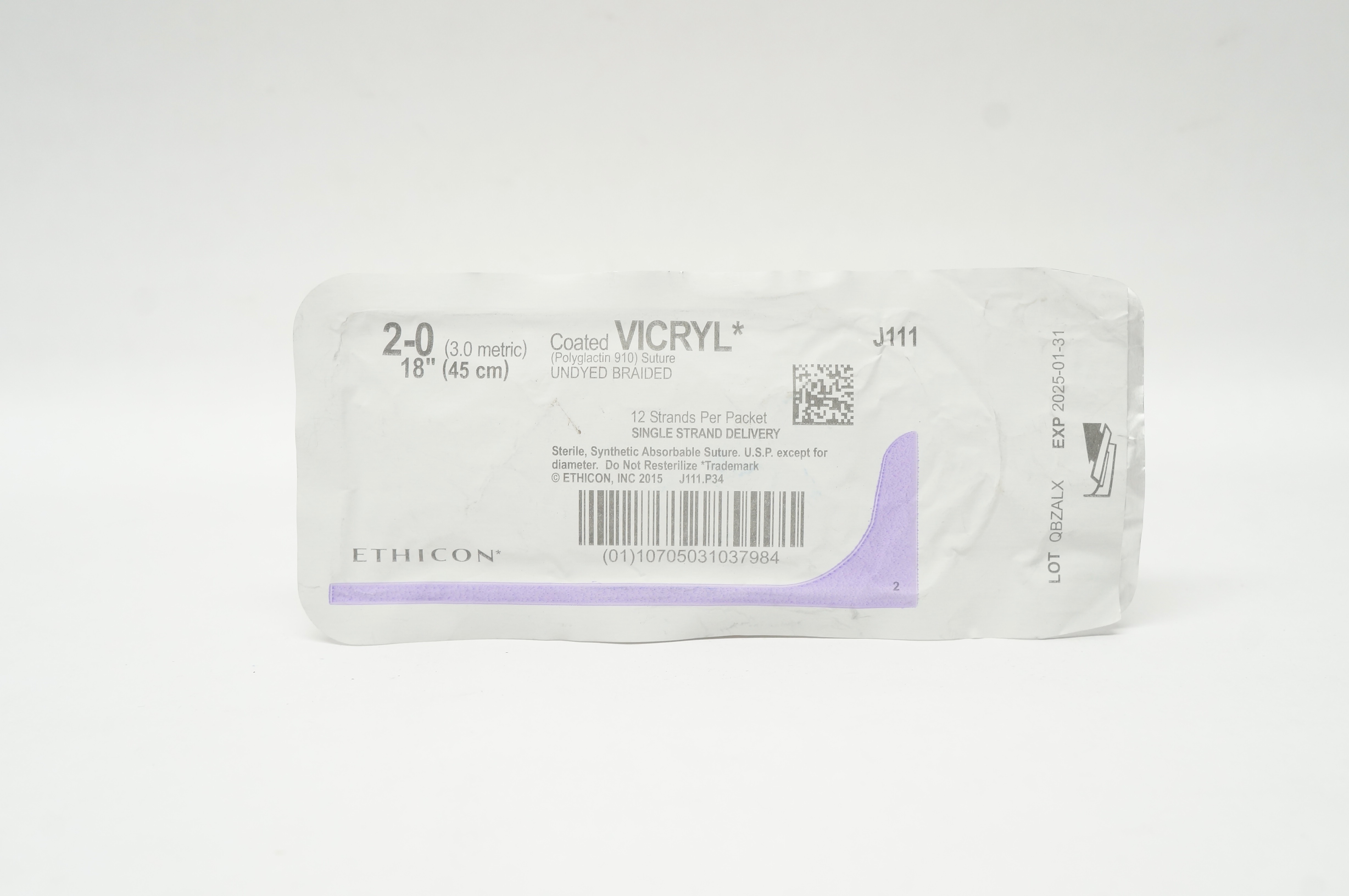 Ethicon J111 2-0 Coated VICRYL (Polyglactin 910) Stre 12 Strands 18 inch