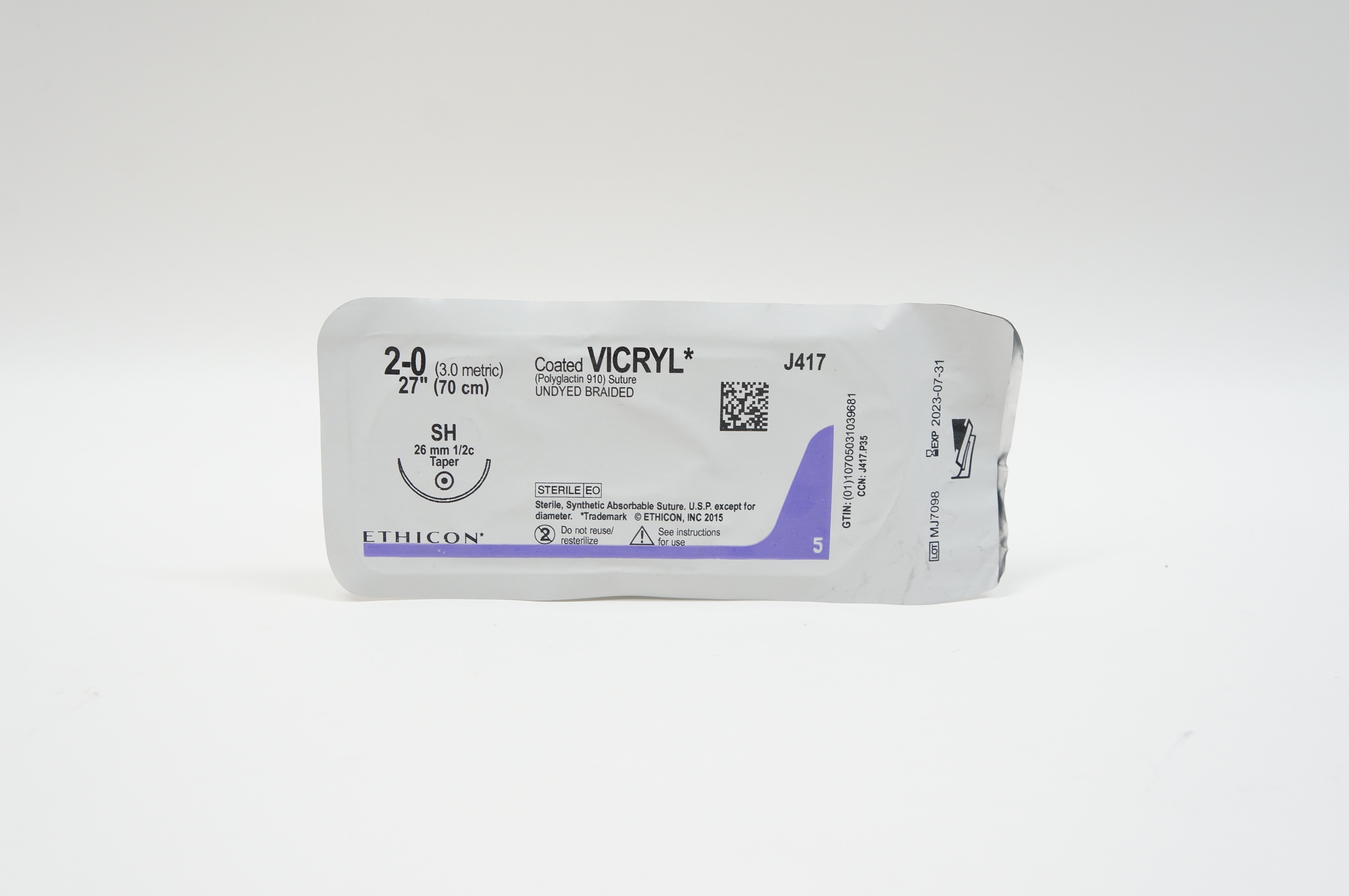 Ethicon J417 2-0 VICRYL, SH, 26mm 1/2c Taper, 27inch