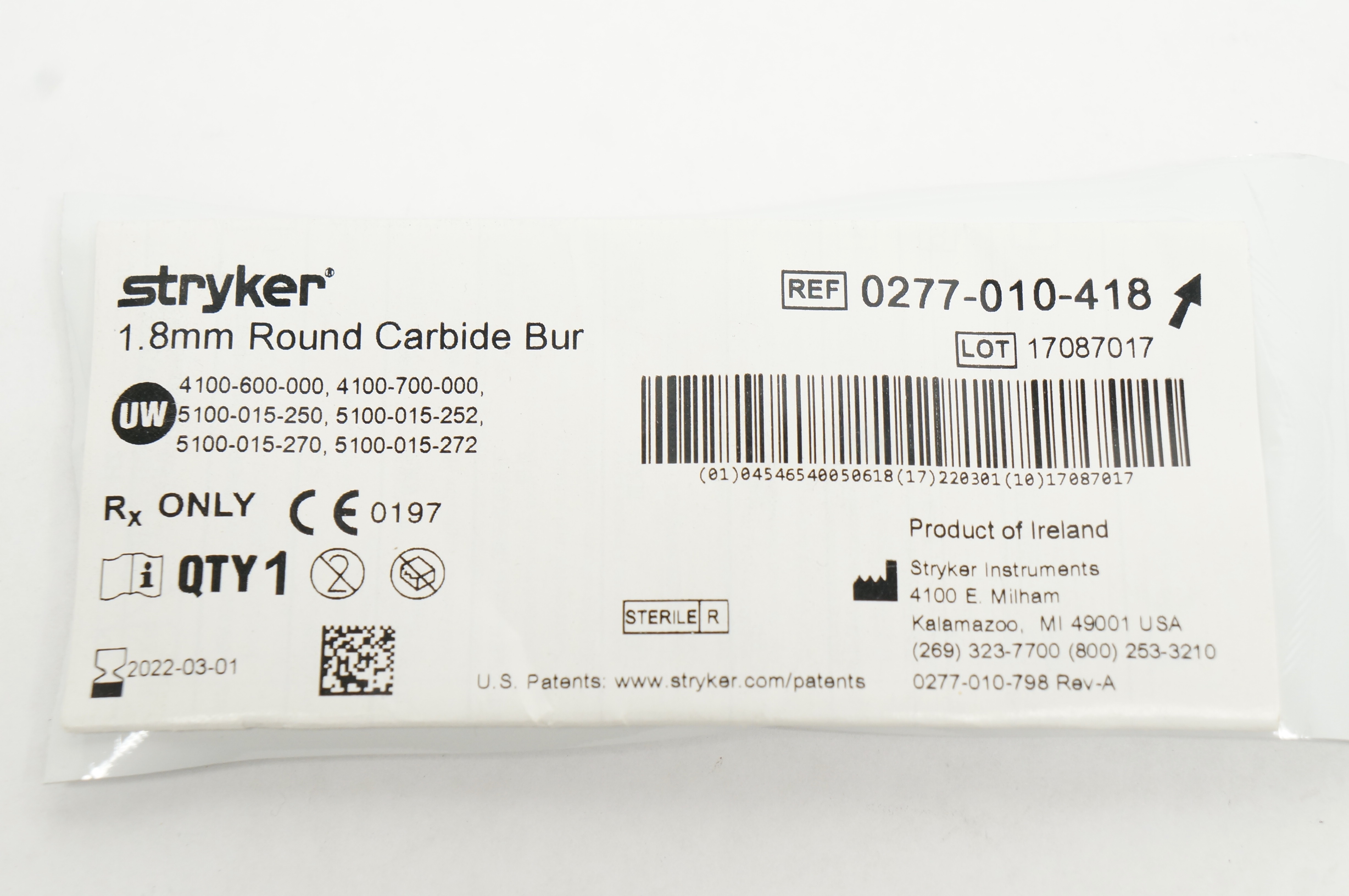 Stryker 0277-010-418 1.8mm Round Carbide Bur (x)