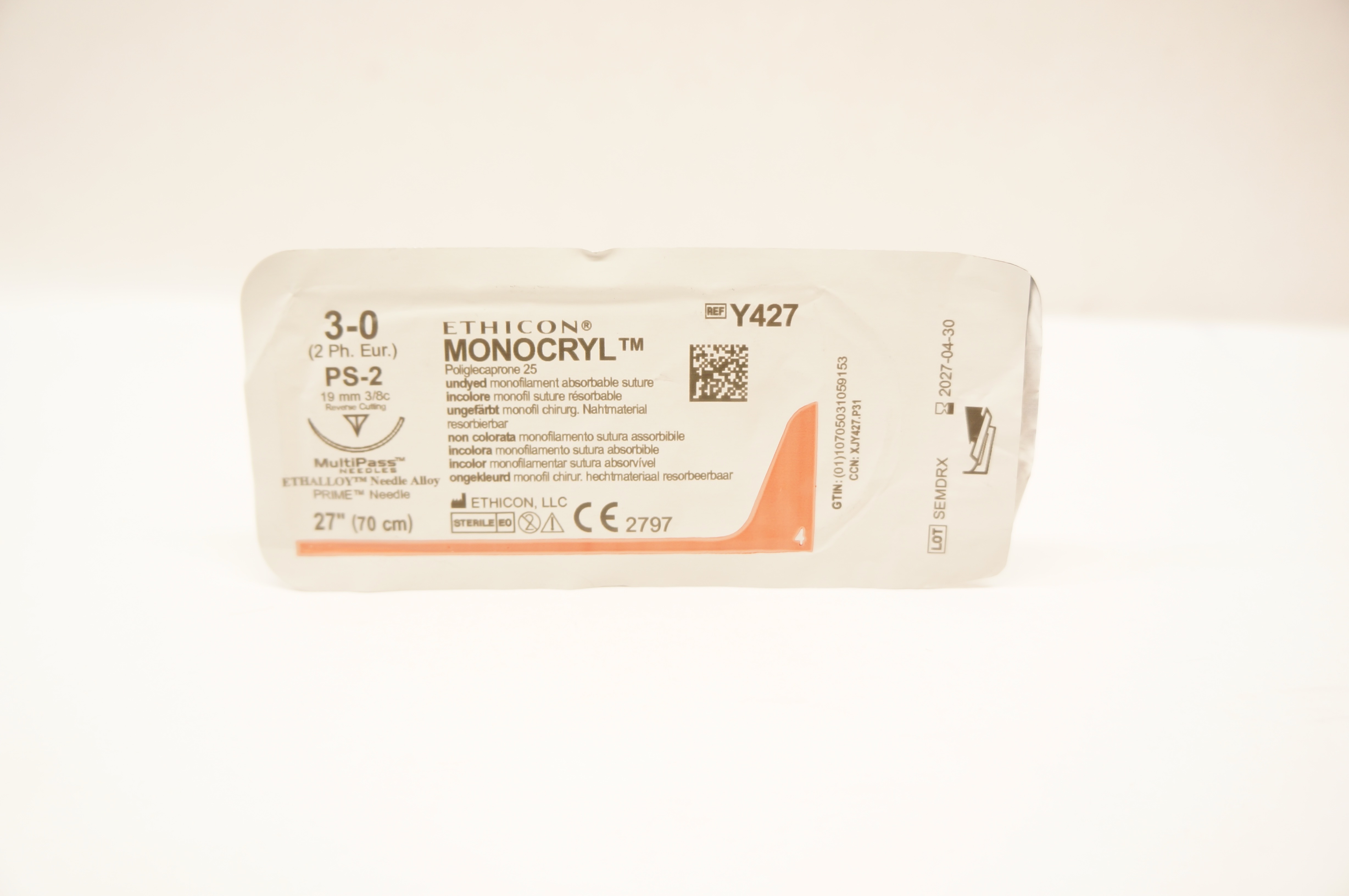 Ethicon Y427 3-0 MONOCRYL Undyed PS-2 19mm 3/8c Reverse Cutting 27inch