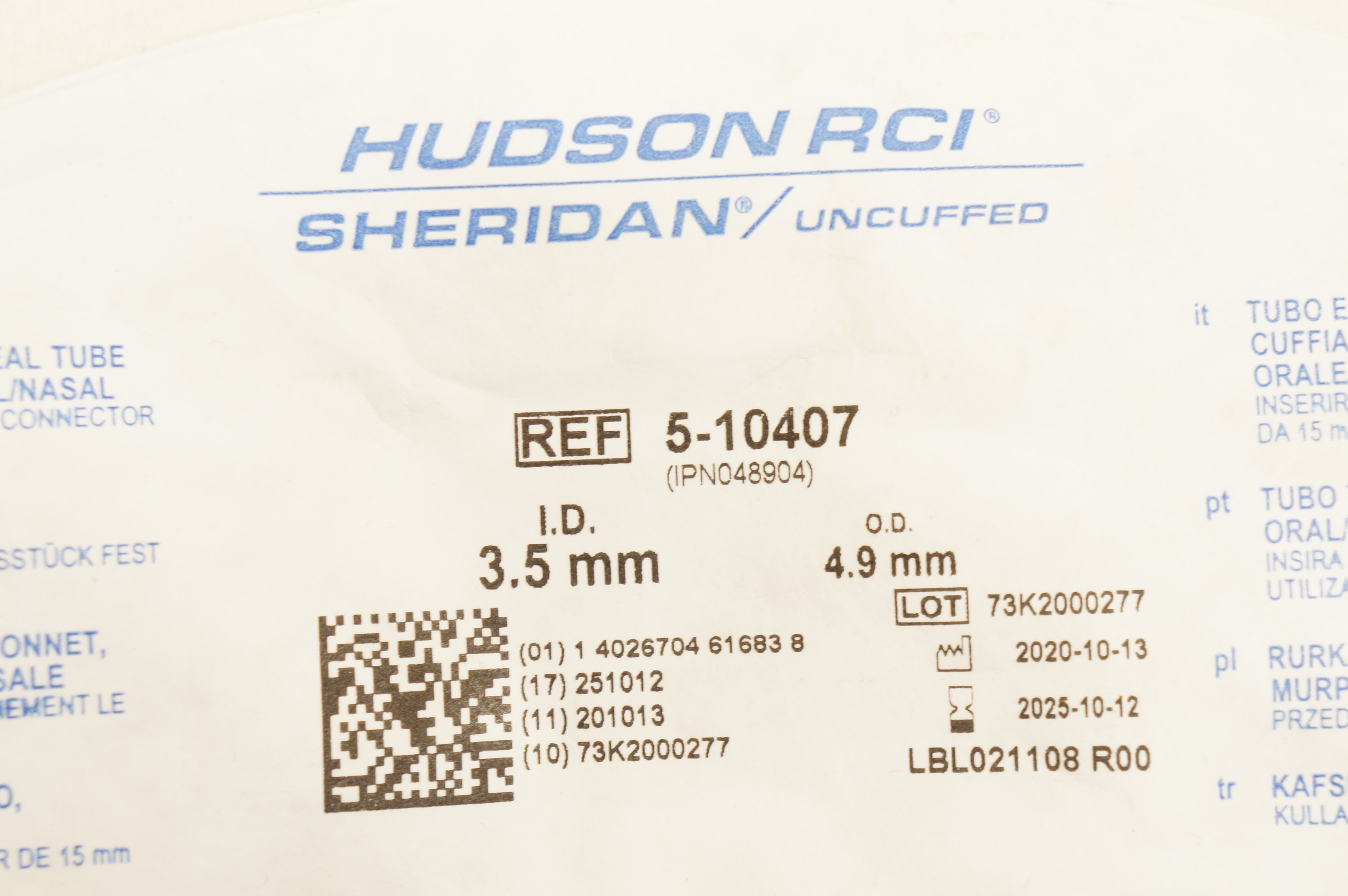 Teleflex 5-10407 Hudson RCI Sheridan Tracheal Tube Uncuffed 3.5mm ID x 4.9mm OD