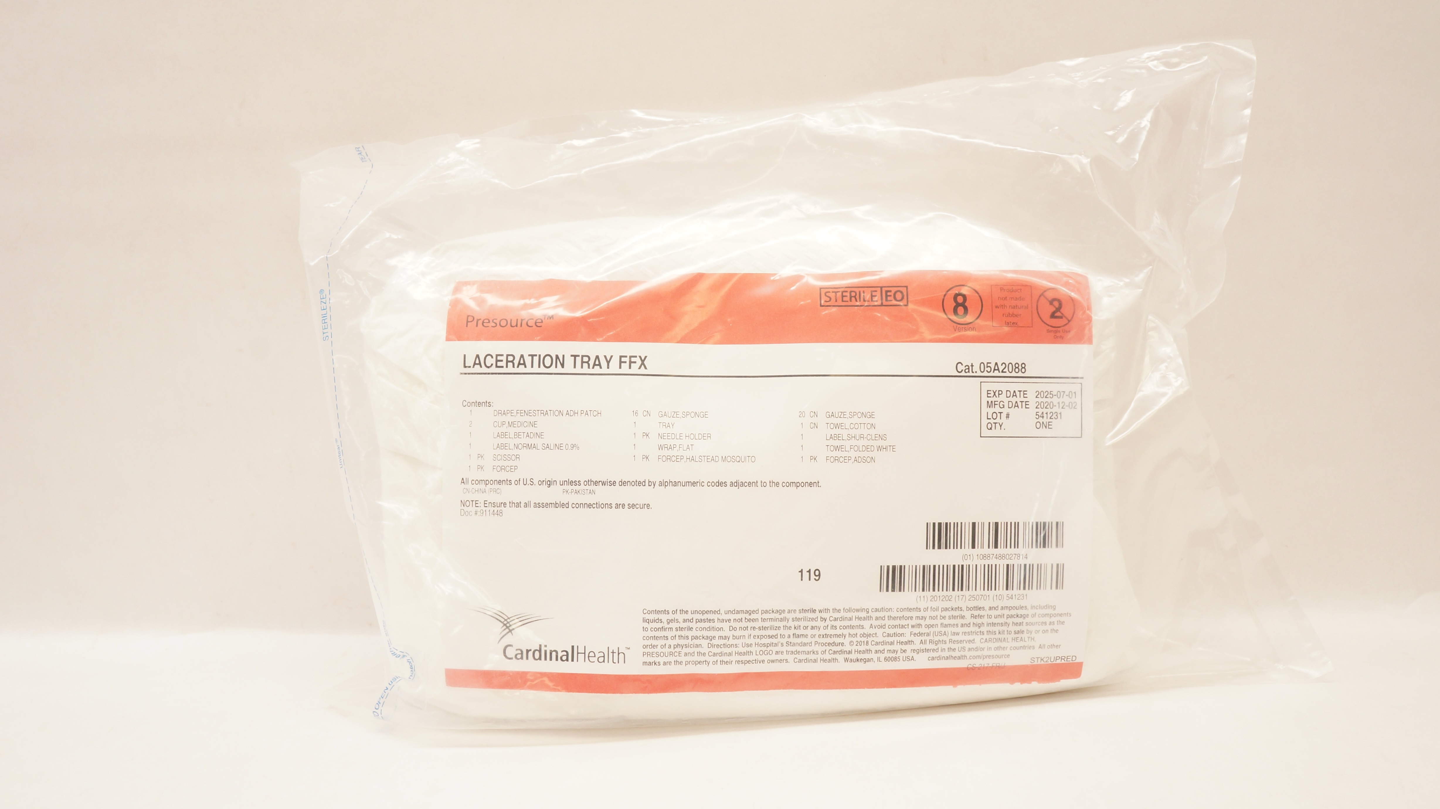 Cardinal Health 05A2088 Presource Sterile Laceration FFX Tray