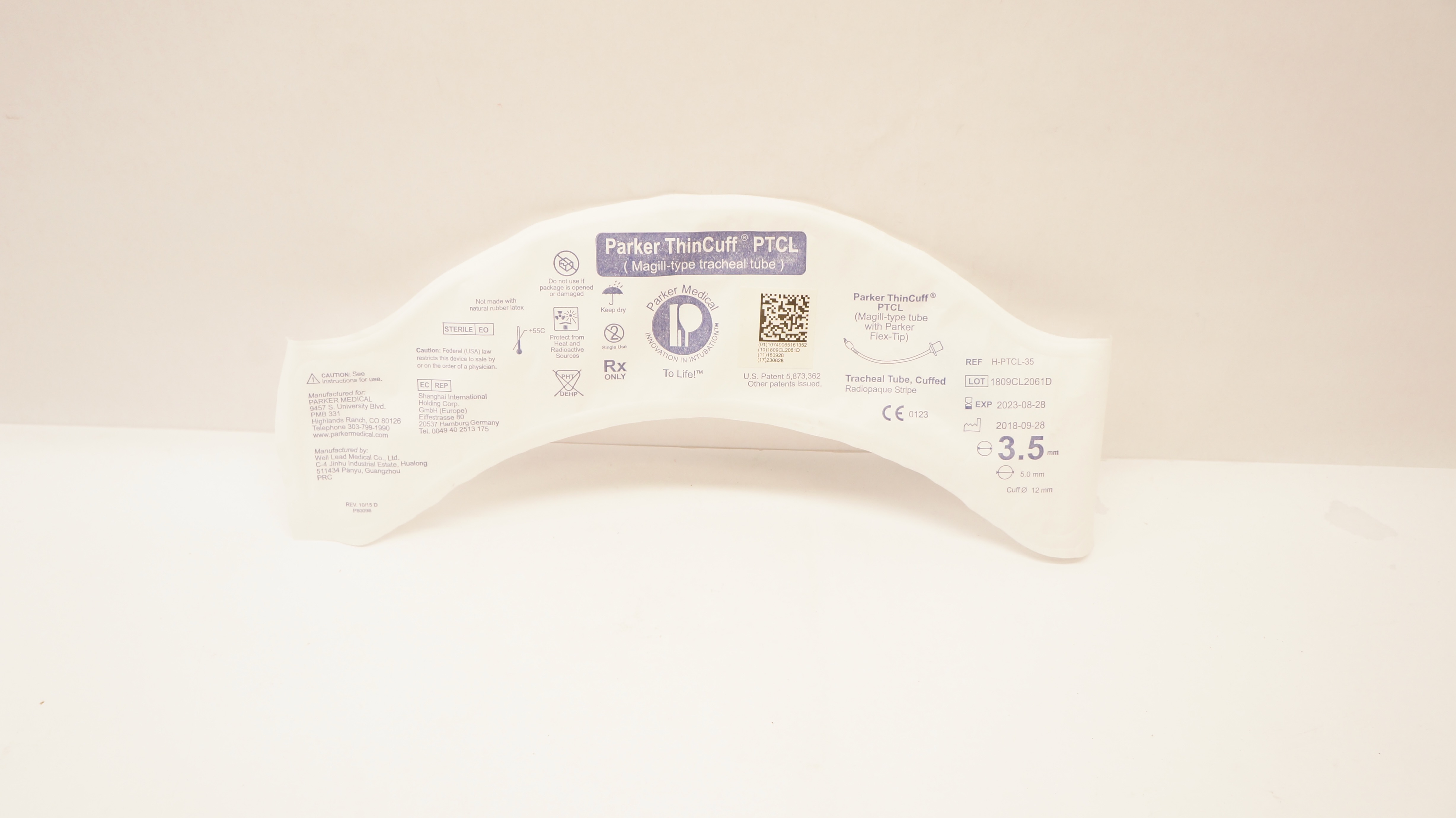 Parker Medical H-PTCL-35 ThinCuff PTCL Magill-Type Tracheal Tube 3.5x 5.0 x 12mm