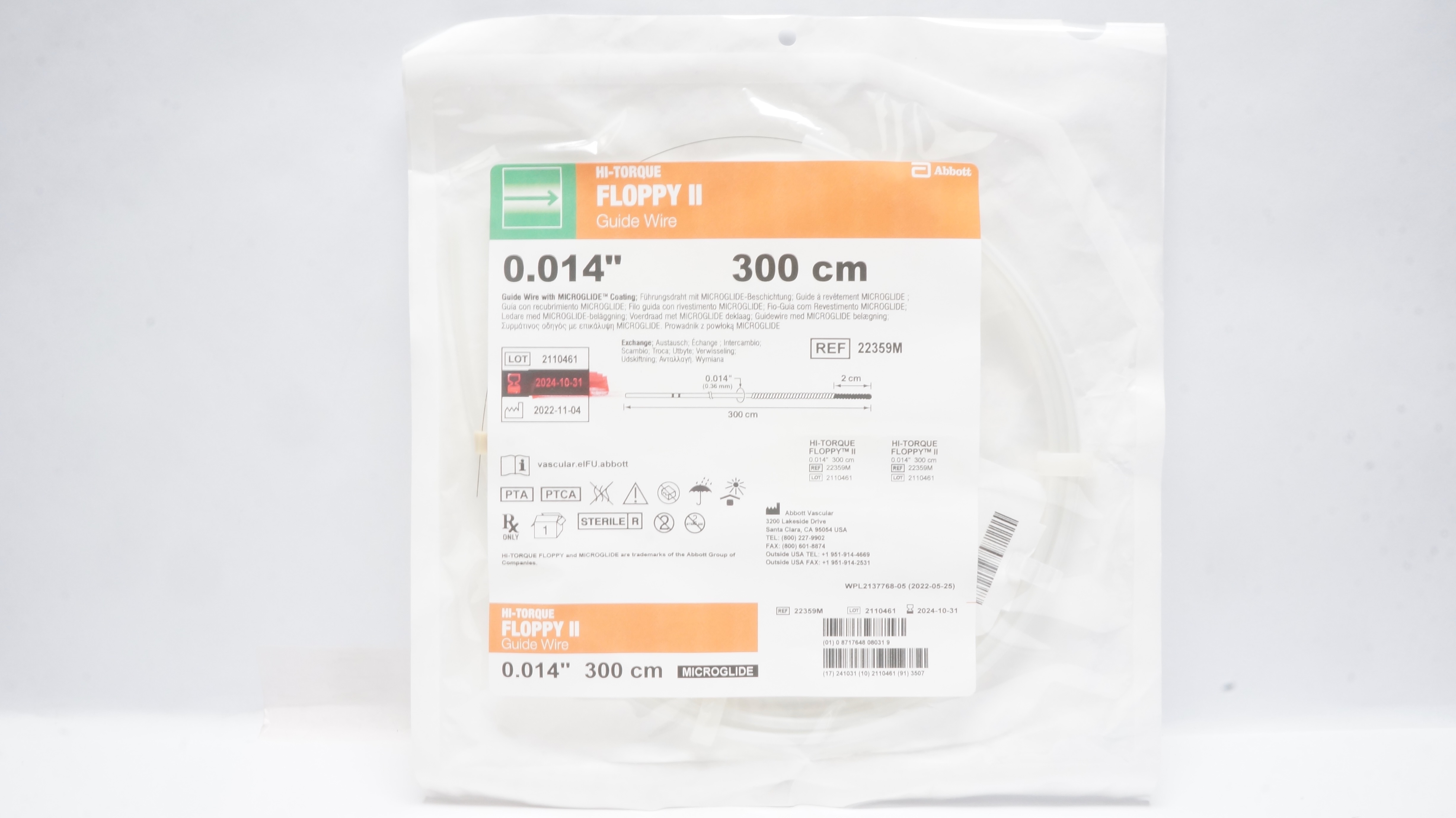 Abbott 22359M Hi-Torque FloppyII Guide Wire 0.014inch x 300cm x 2cm (x)