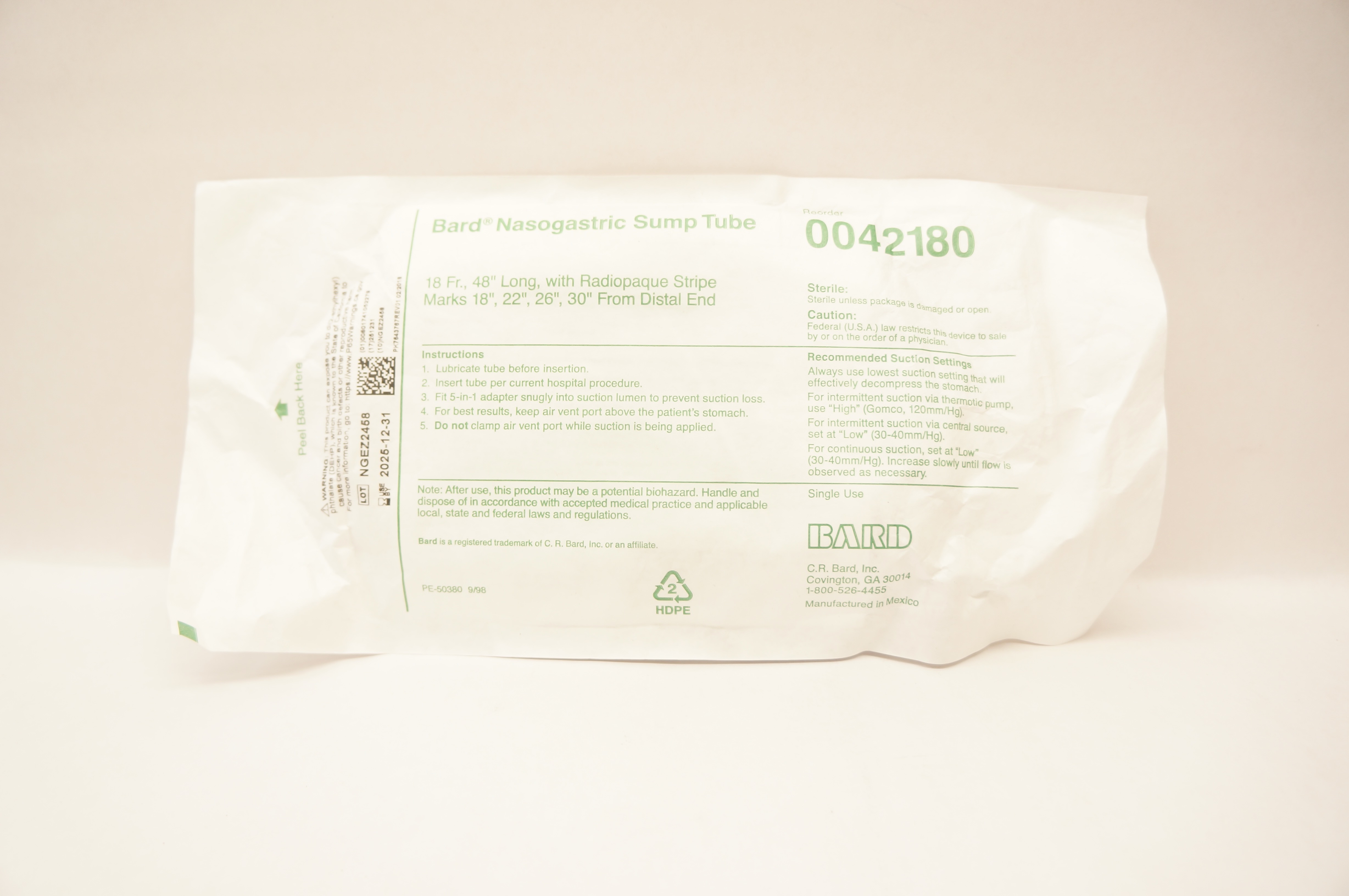 Bard 0042180 Nasogastric Sump Tube w/Radiopaque Stripe Marks18 Fr x 48inch