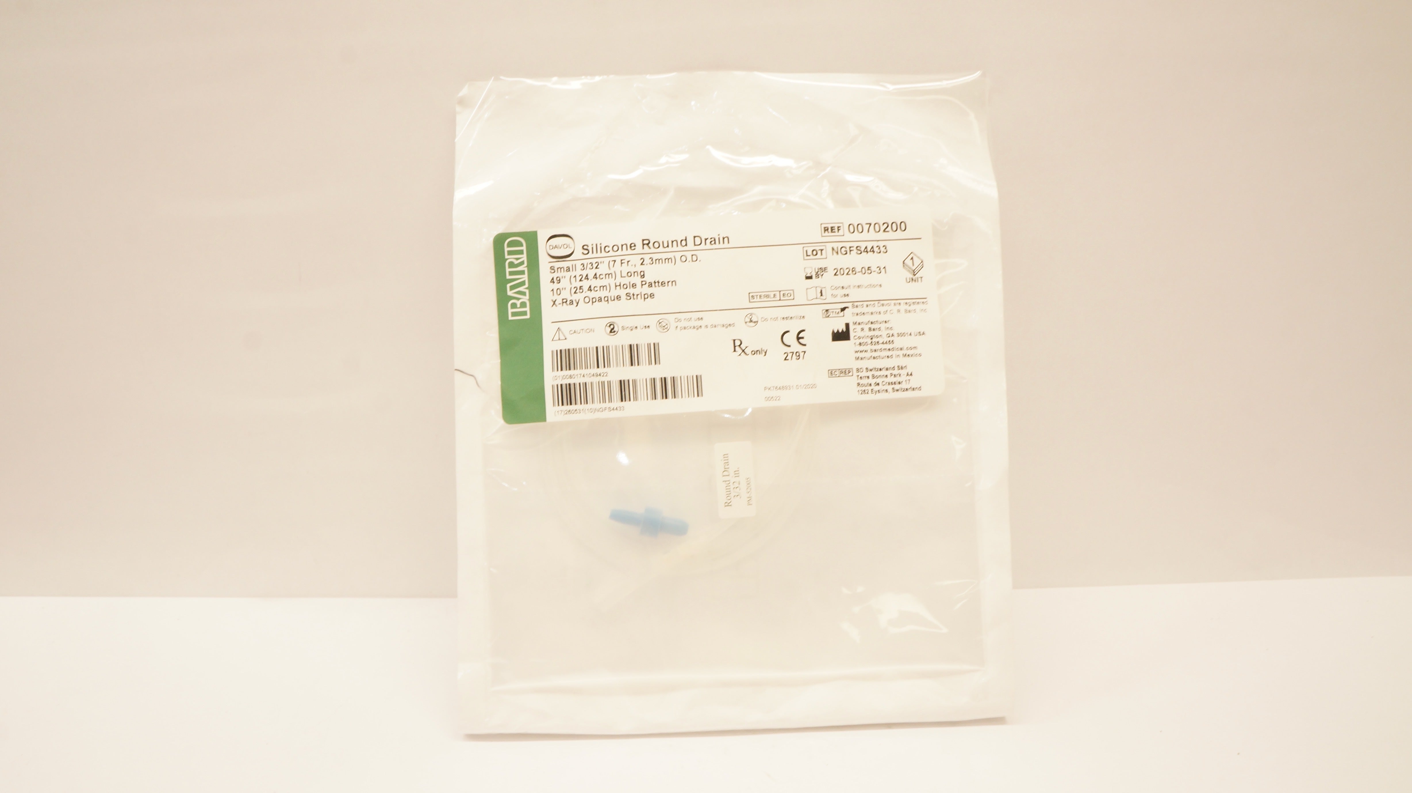 Bard 0070200 Davol Silicone Round Drain Small 3/32inch O.D. x 49inch x 10inch