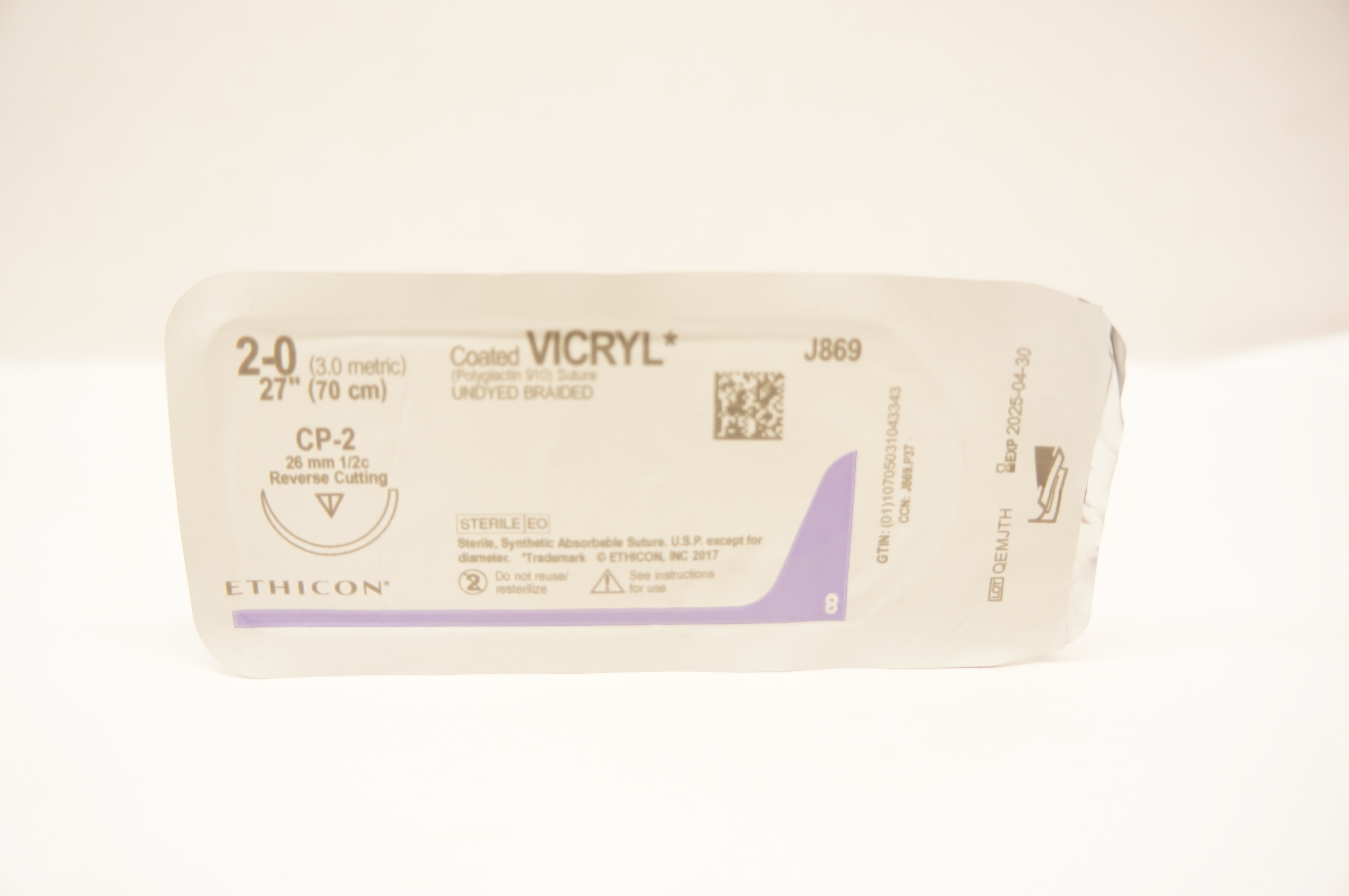 Ethicon J869 2-0 Coated Vicryl Polyglactin 910 Stre CP-2 26mm 1/2c 27in.