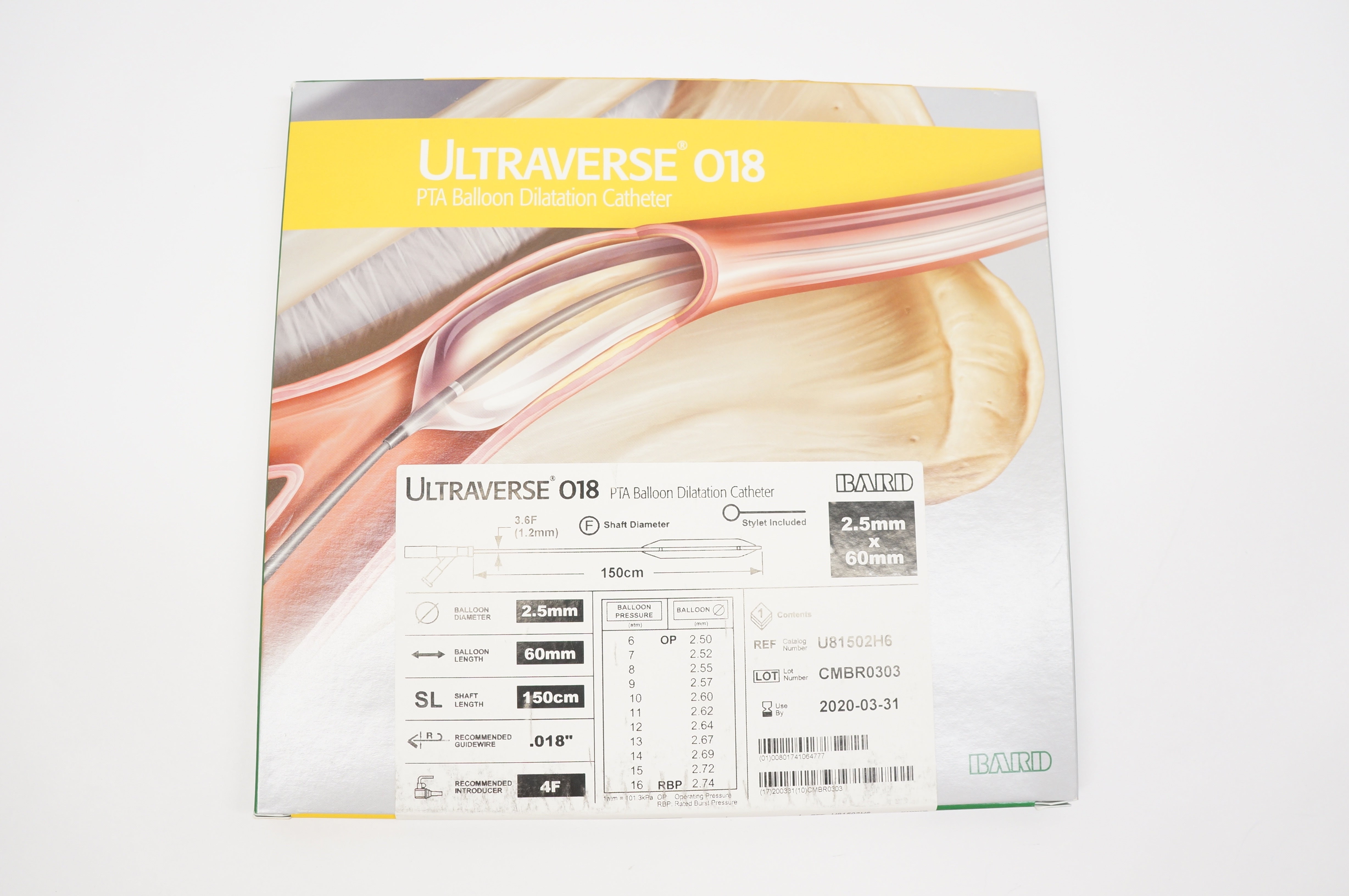BARD U81502H6 Ultraverse 018 PTA Balloon Dilatation Cath. 2.5mm x 60mm (x)