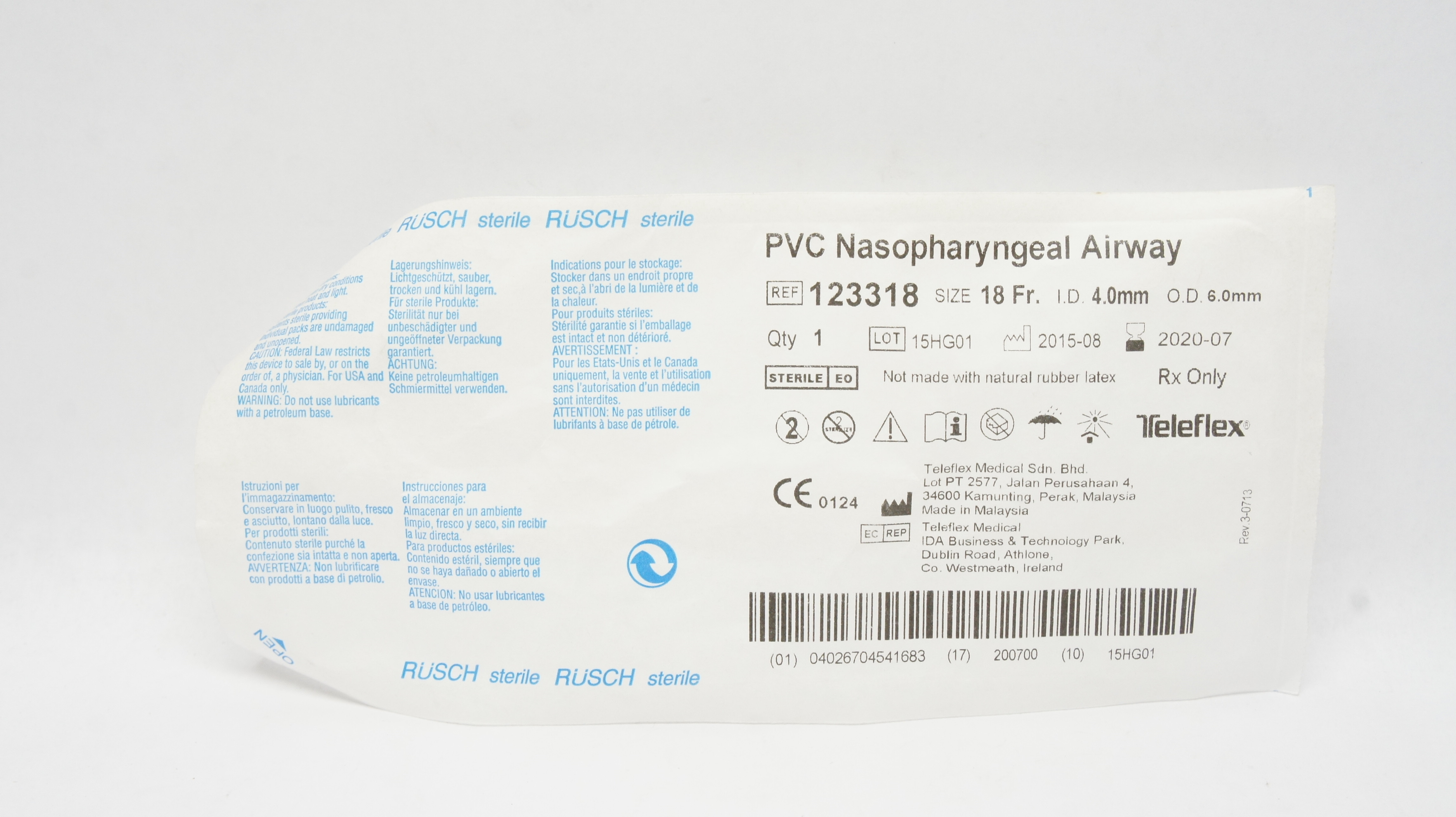 Teleflex 123318 Rusch PVC Nasopharyngeal Airway 18Fr x ID 4.0mm x OD 6.0mm (x)