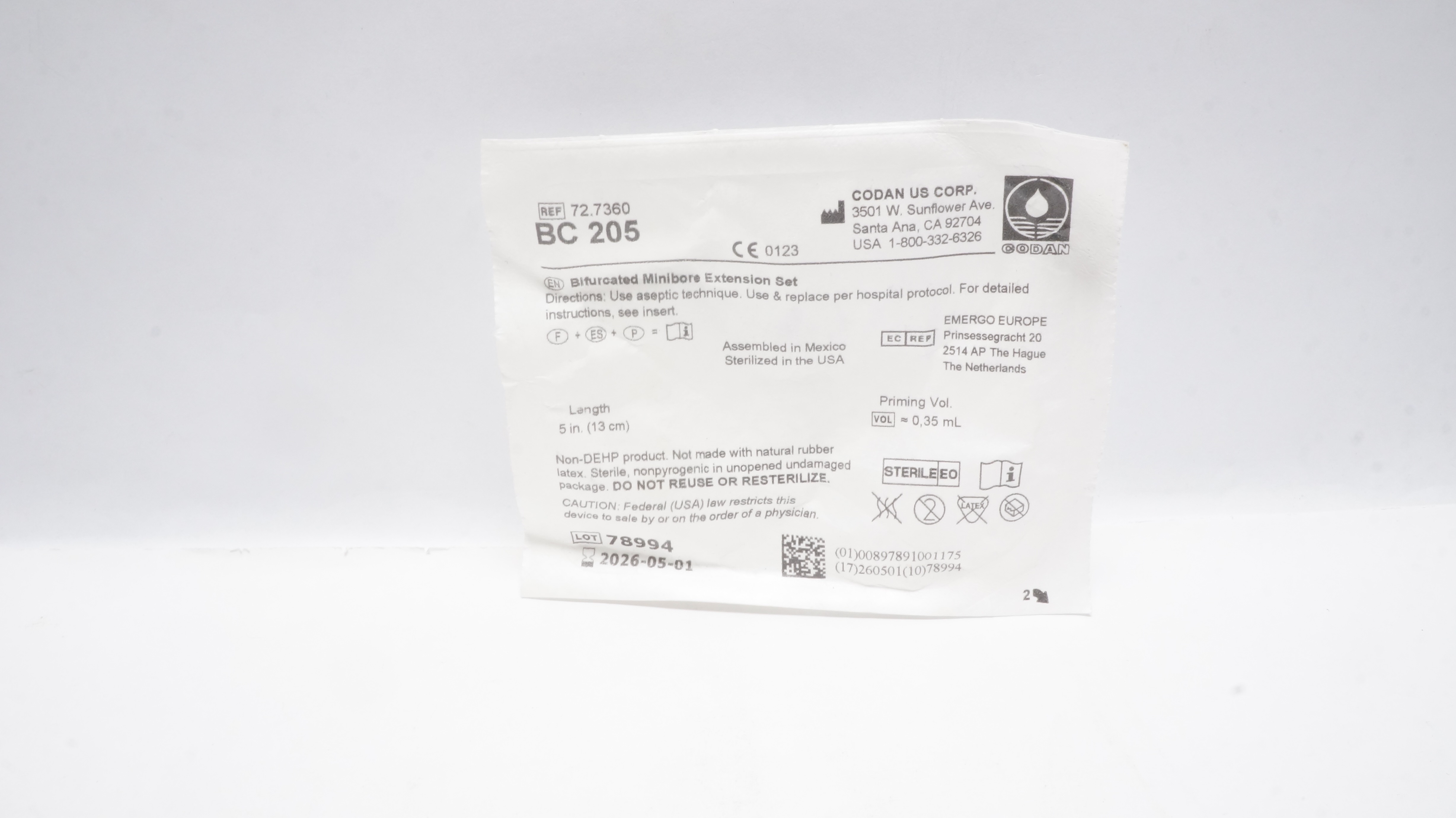 Codan 72.7360/BC 205 Bifurcated Minibore Extension Set 5inch Prim. Vol. 0.35mL