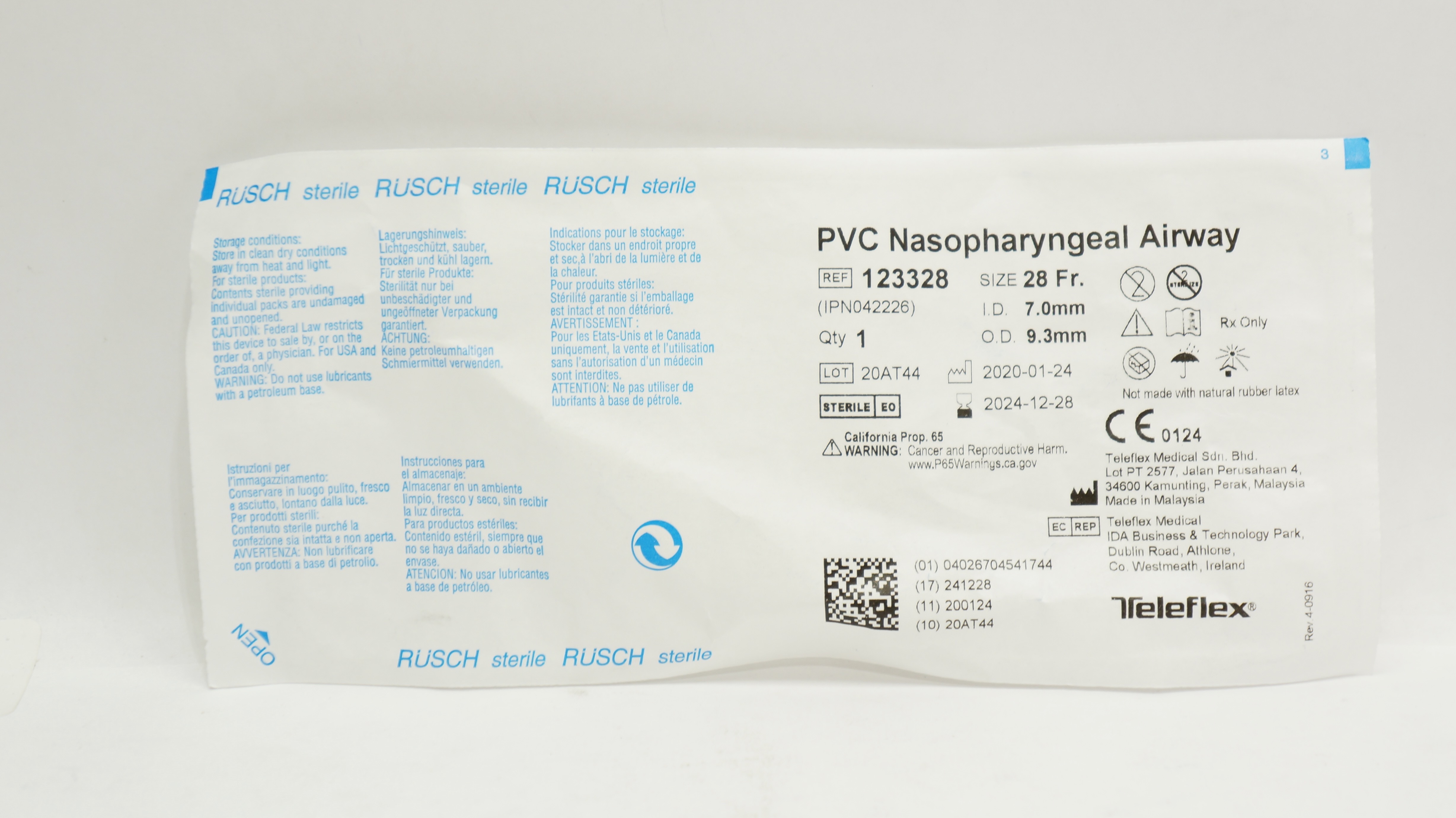 Teleflex 123328 RUSCH PVC Nasopharyngeal Airway 28Fr. x 7.0mm ID x 9.3mm OD