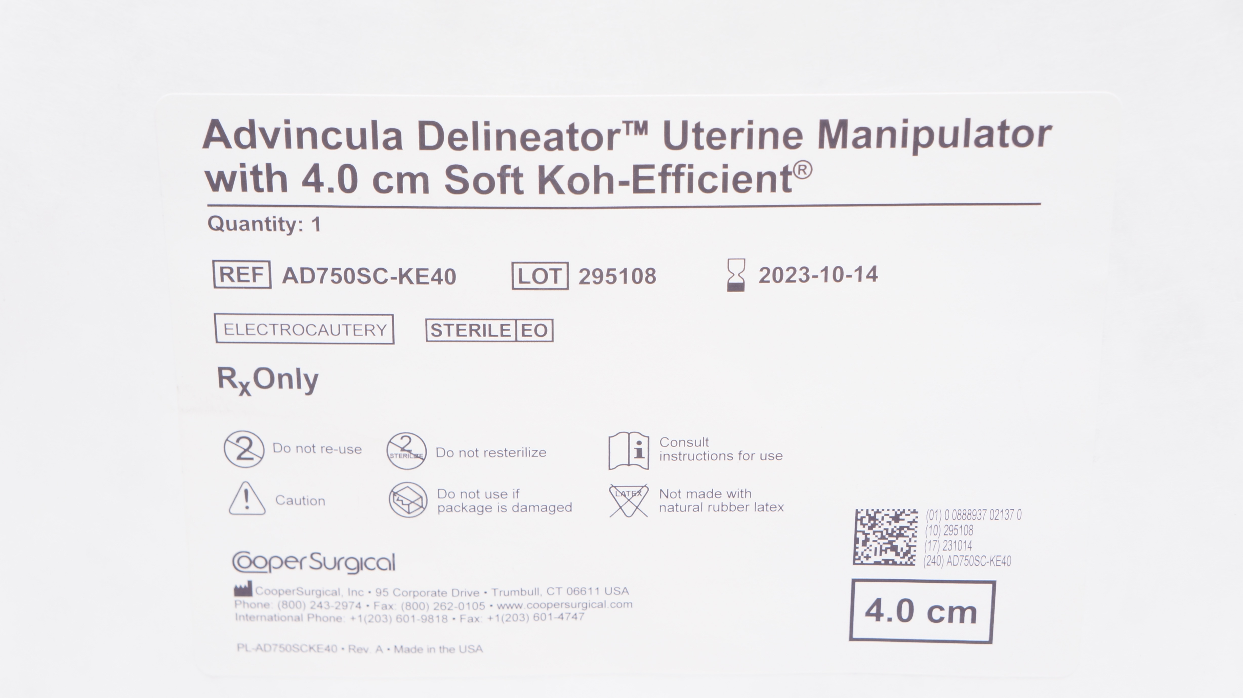Cooper Surgical AD750SC-KE40 Advincula Delineator Uterine Manipulator 4.0cm (x)